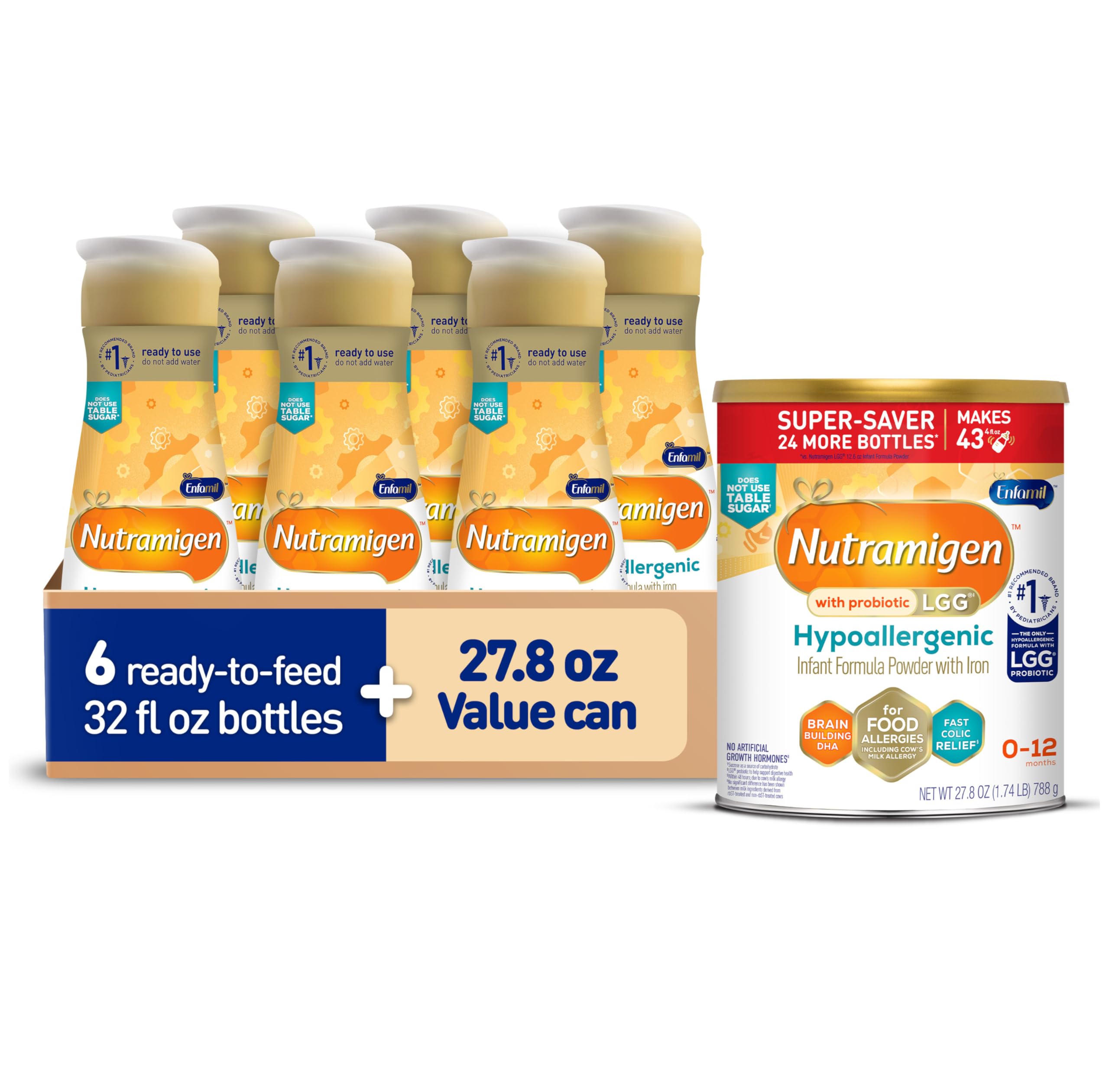 Enfamil Nutramigen Hypoallergenic Baby Formula, Lactose Free, Colic Relief from Cow's Milk Allergy Stars in 24 Hours, Brain Building Omega-3 DHA, Probiotic LGG, 27.8 Oz + 32 FL Oz (Pack of 6)