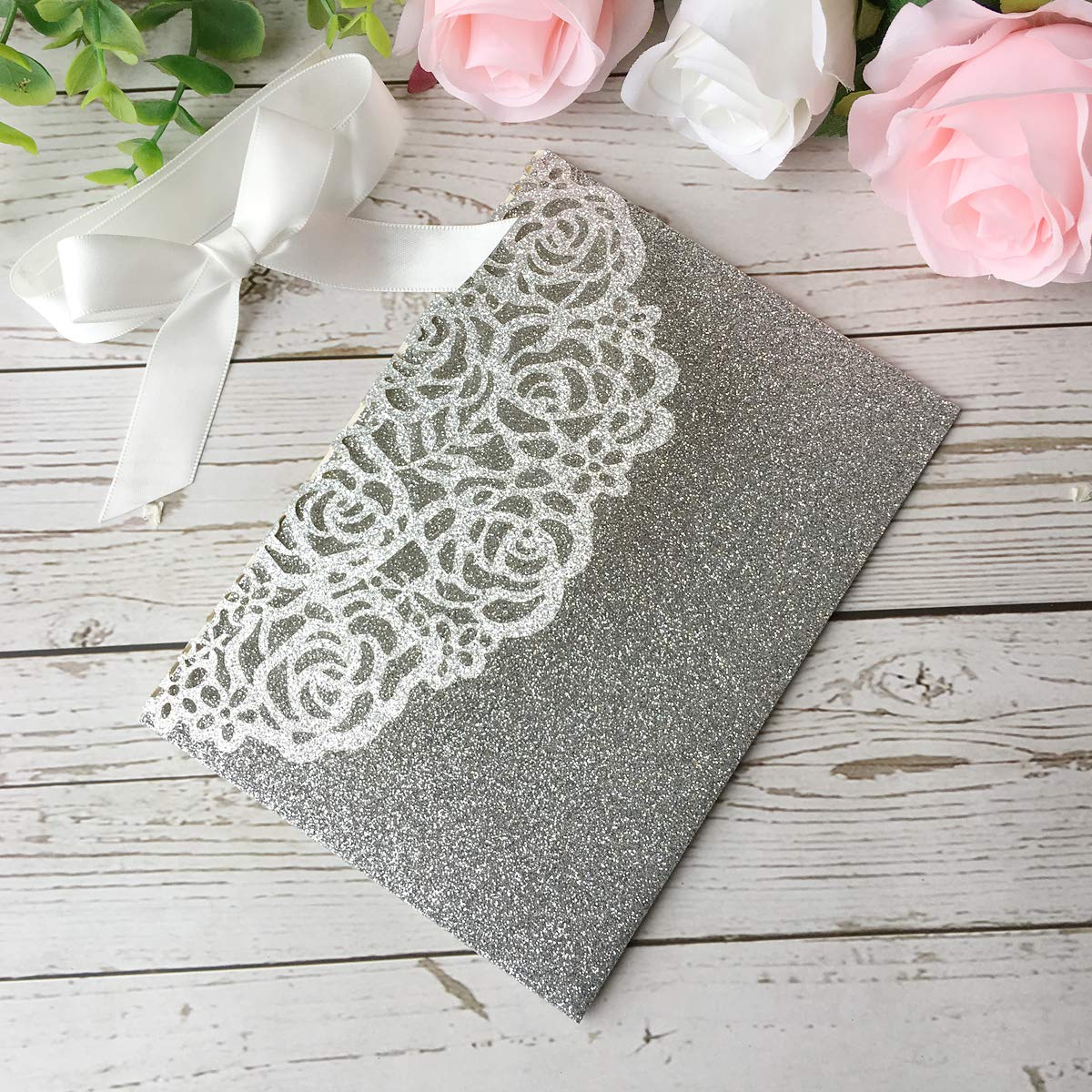 20 pezzi Invito a nozze taglio laser argento con RSVP bowknot per biglietti di fidanzamento feste e inviti matrimonio (argento glitter)
