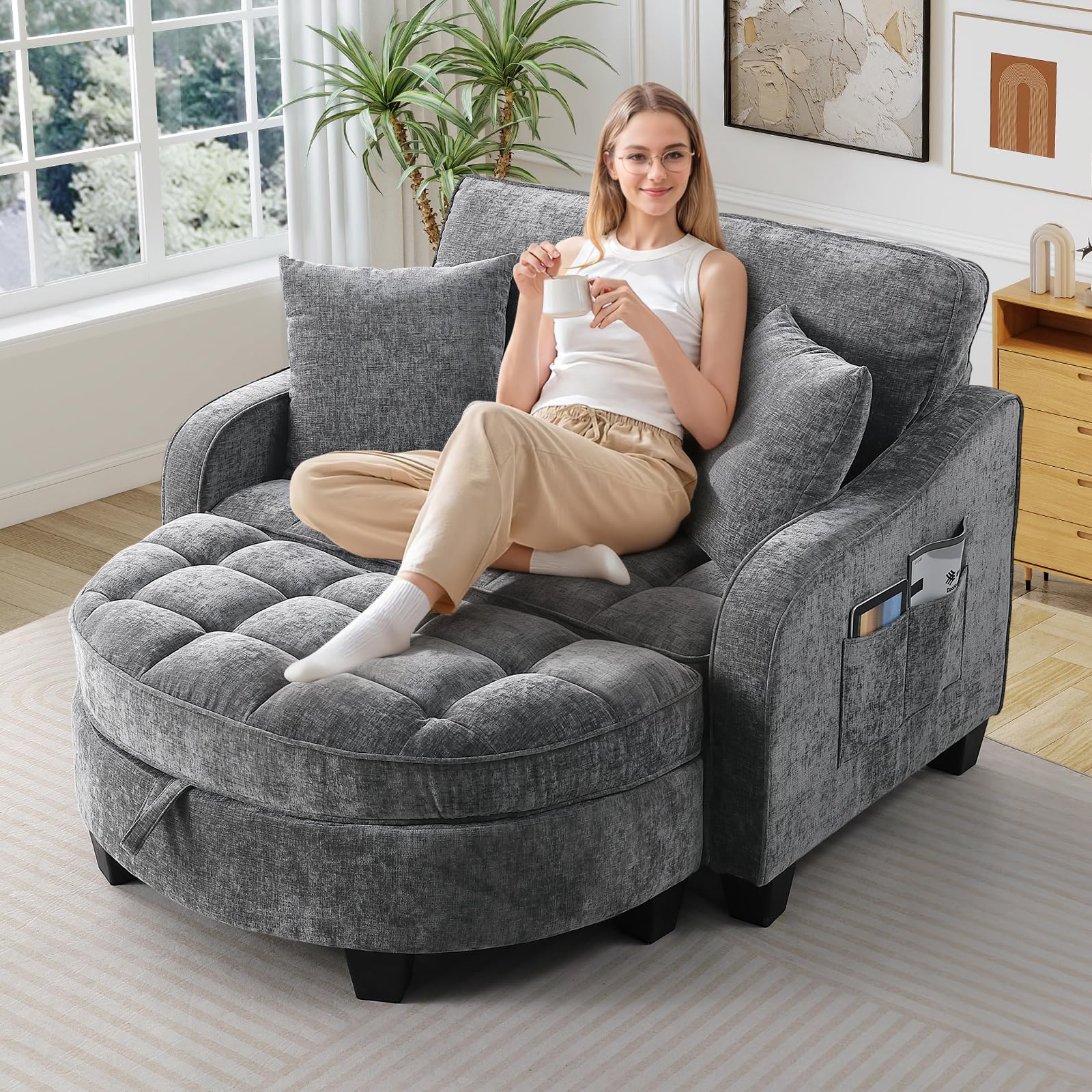 Oversized Chair and A Half, Chenille Tufting Accent Comfy Reading Sofa Chair with Storage Ottoman, Upholstered Loveseat Chaise Lounge Sofa with Adjustable Back for Living Room, Office, Sunroom, Grey