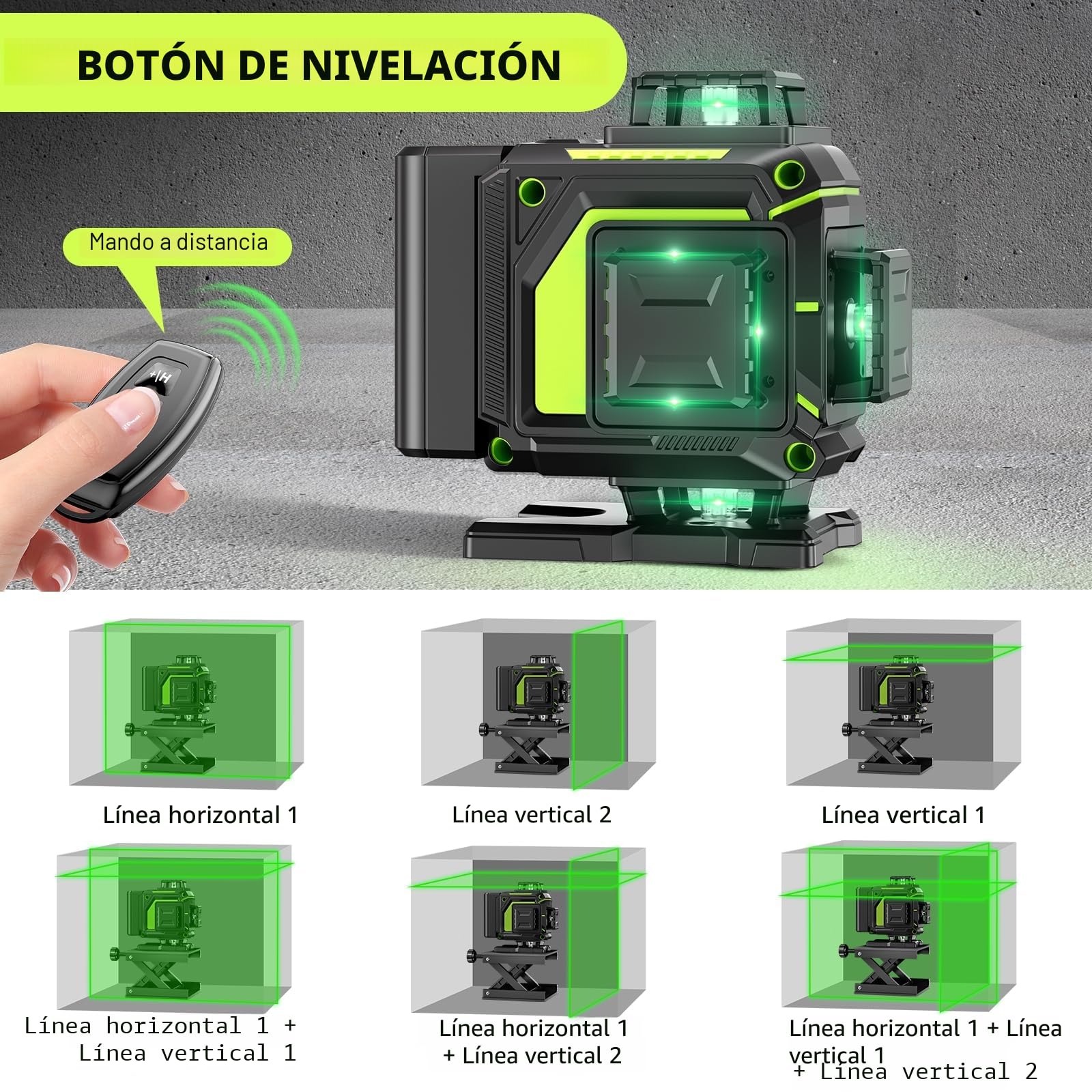 Nivel Laser Autonivelante 360 Grados con Trípode, Nivel Láser Verde 16 Líneas, 2 x 360 Horizontal y 2 x 360 Verticales, 2 x Batería, Montaje en Pared, Control Remoto, Base Magnética, Soporte Giratorio