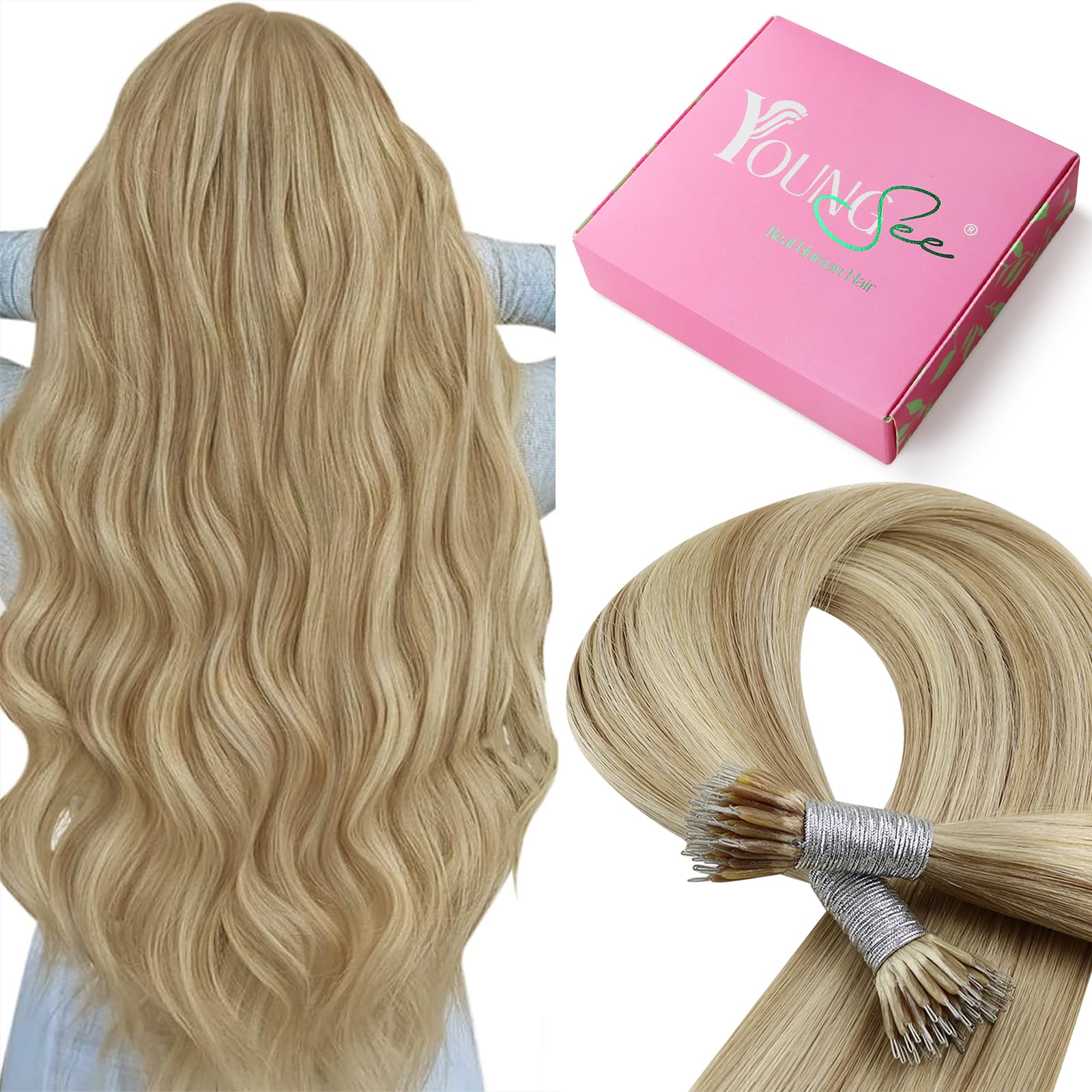 Nano Beads Hair Extensions Blonde 14inch Nano Hair Extensions Warm Ash Blonde Highlights Bleach Blonde Nano Ring Hair Extension Highlight for Women Cold Fusion 50g Short Straight 50s