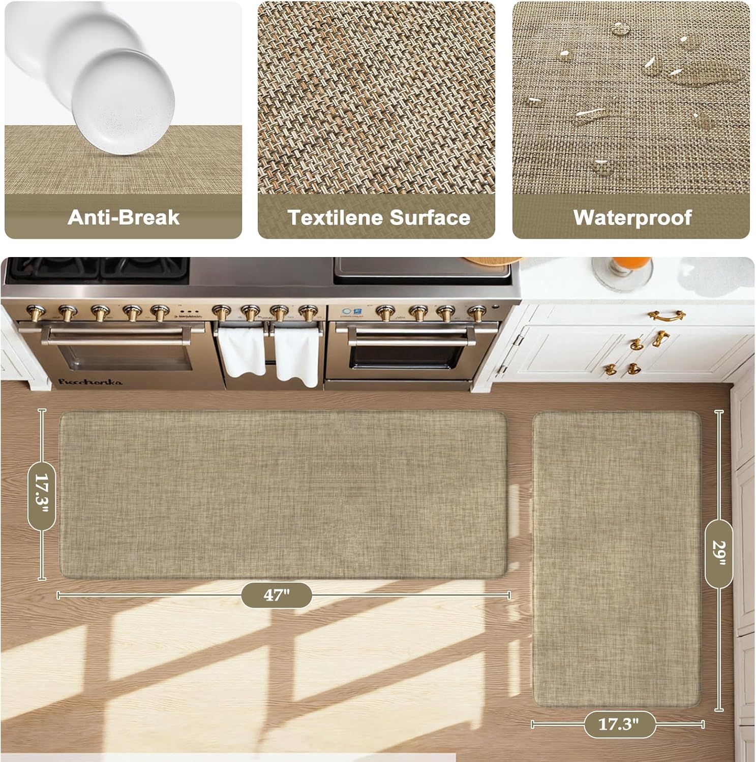 KIMODE Anti Fatigue Kitchen Mats, 17"x47"+17"x29" Farmhouse Kitchen Rugs Sets of 2, Non Slip Kitchen Mats for Floor, Cushioned Kitchen Floor Mats for Sink Laundry Office Desk Light Brown - Image 4