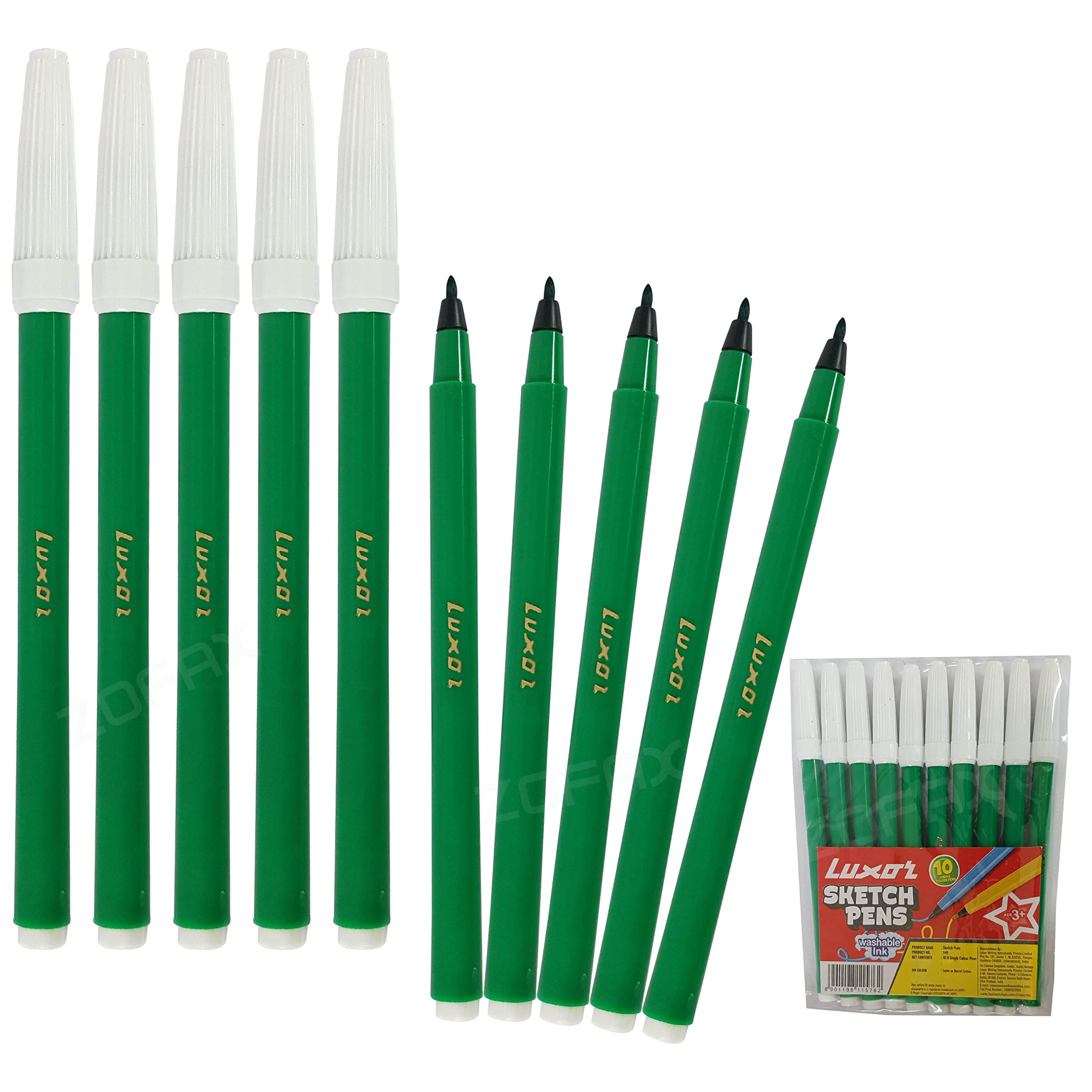 ZOFAX ColorMark Felt Tip Colouring Pens For Children Adults, GREEN, Pack of 10, Write Draw Mark Sketch, School Office Home, iZOFAX Black Ball Pen