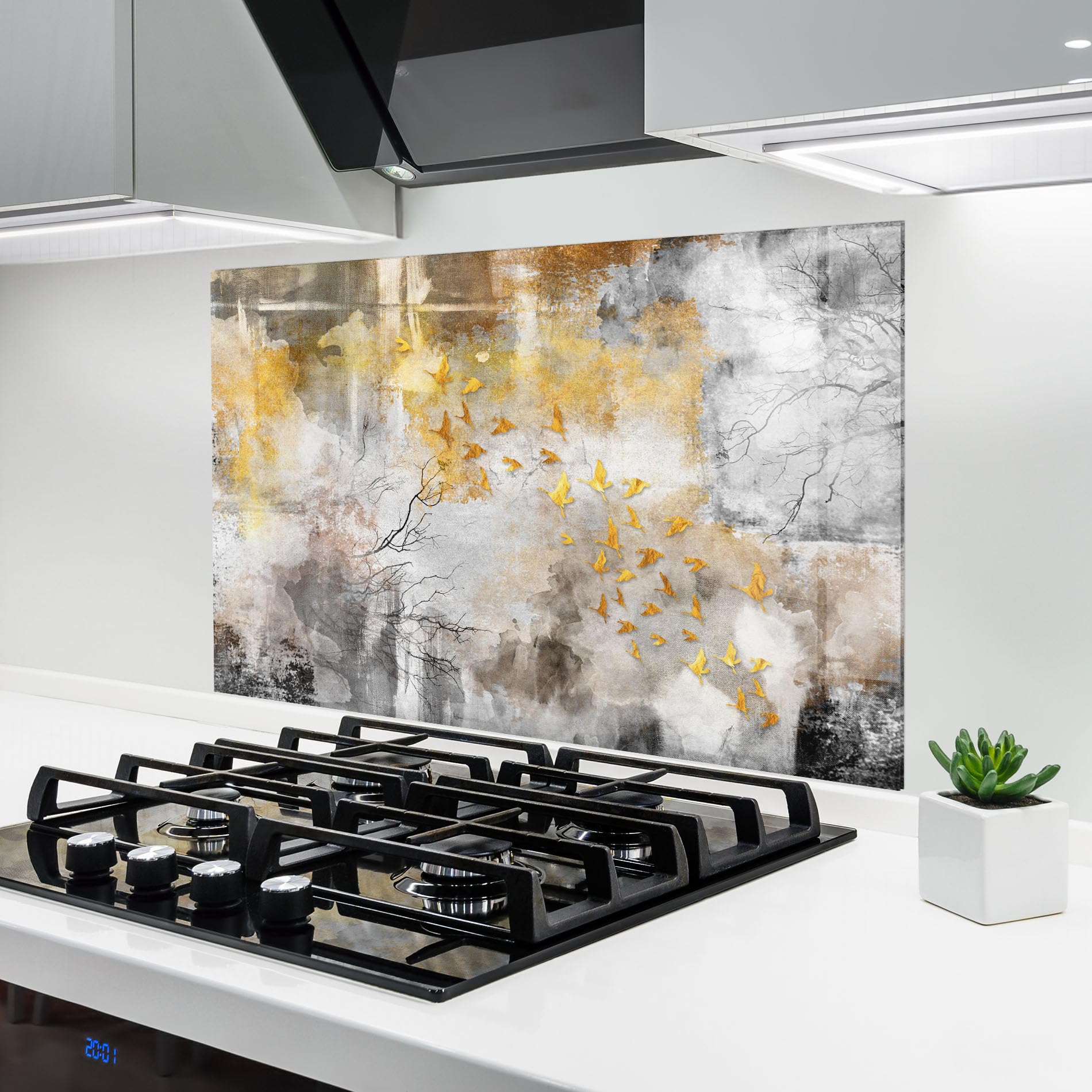 ARTHUB® Crédence de Cuisine en Verre 60x100 cm, Gold Birds Flying | Protection Contre Les éclaboussures, Revêtement Mural en Carreaux, Plaque en Verre, Verre trempé, Abstrait, Art Abstrait