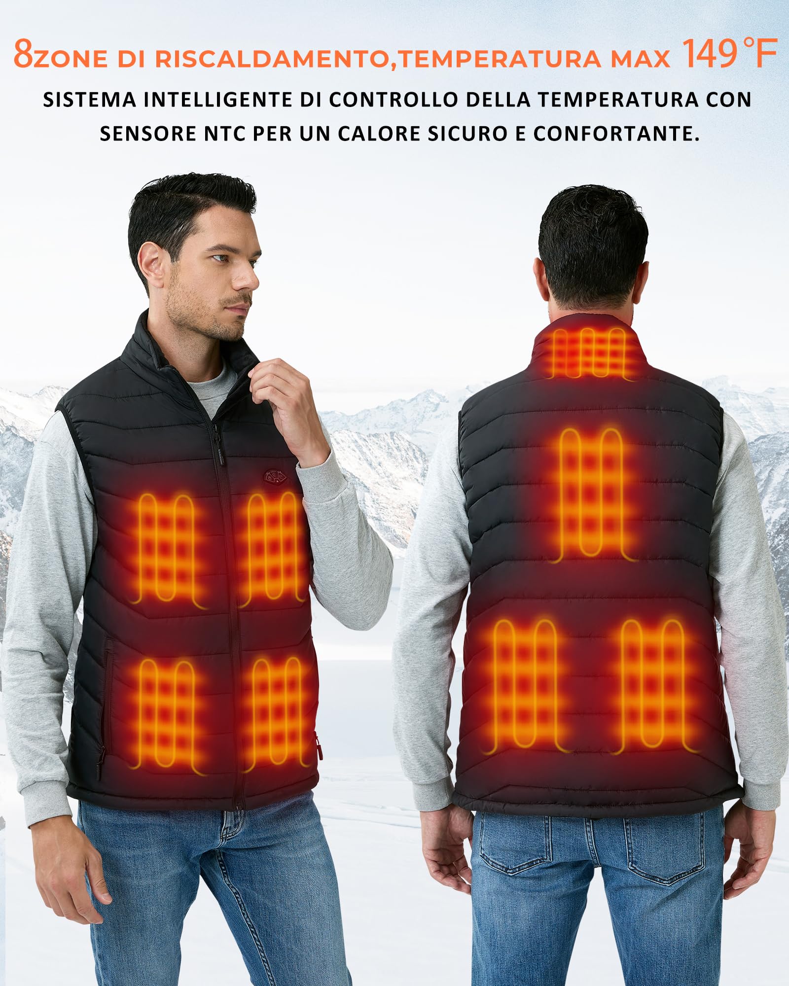 Topdot Gilet Riscaldato Uomo con Batteria 7.4V 16000mAh, 8 Zone di Riscaldamento, Giubbotto Riscaldata Elettrico 3 Temperature, Giacca Riscaldata Invernale per Sciare All'aperto Moto Pesca