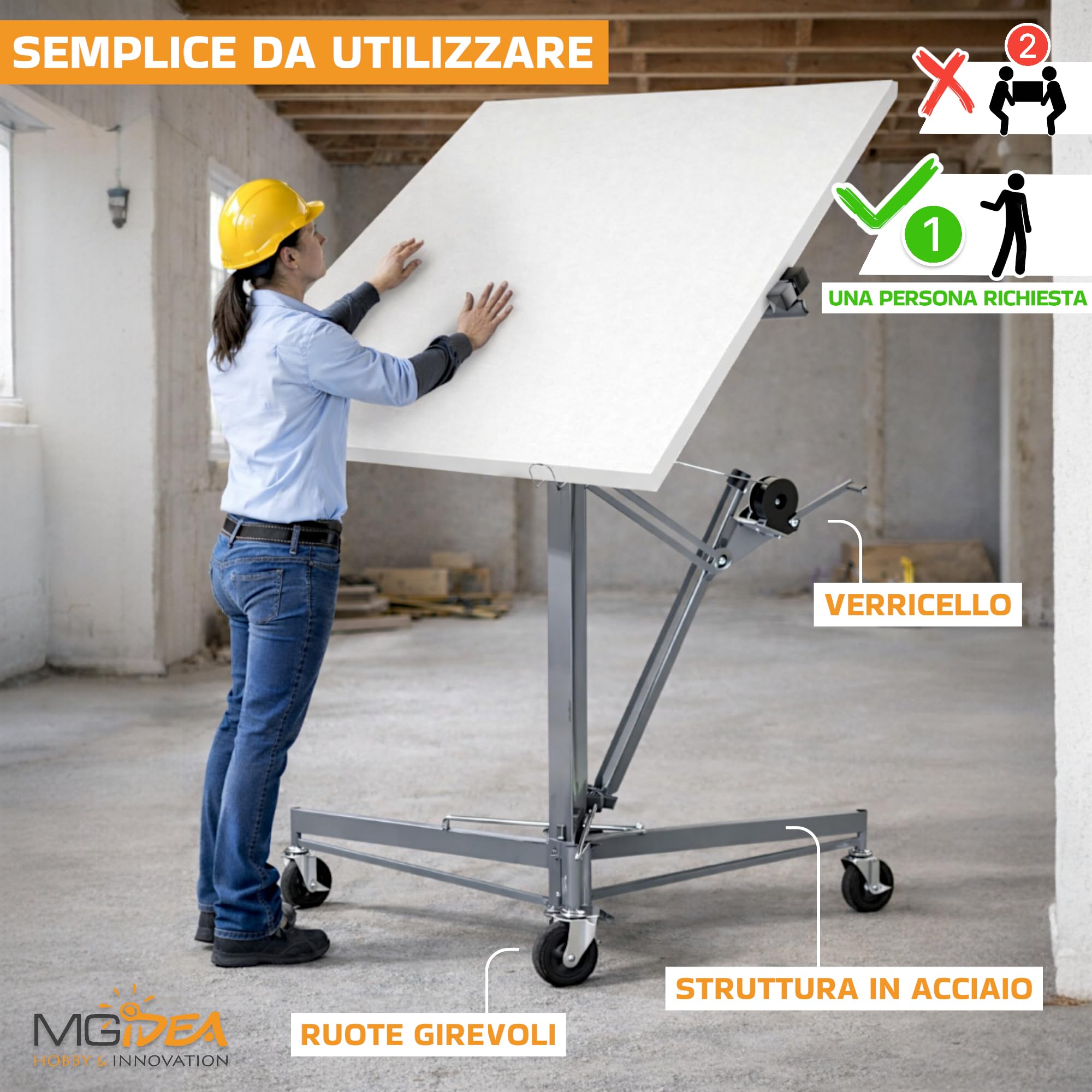ALZA LASTRE SOLLEVATORE PANNELLI CARTONGESSO SUPPORTO REGOLABILE 68KG 3,5 M RICHIUDIBILE CON RUOTE BLOCCABILI ACCIAIO