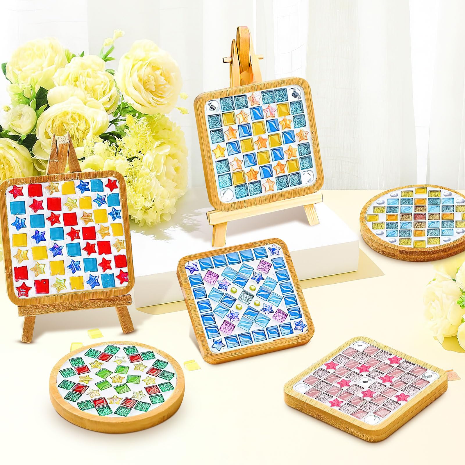 OGMBI Set di 10 sottobicchieri a mosaico fai da te, con sottobicchieri in legno, set fai da te per bambini e adulti, fai da te creativo, regalo di compleanno