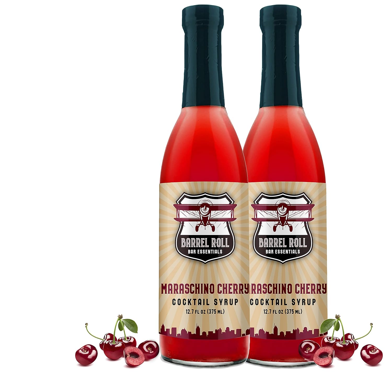 Barrel Roll Bar Essentials Maraschino Cherry Cocktail Syrup - Cherry Syrup for Alcoholic Drinks, Amaretto Sour, Old Fashioned - Coffee, Smoothie, Dessert & Snow Cone Flavoring - 2 x 12.7 oz