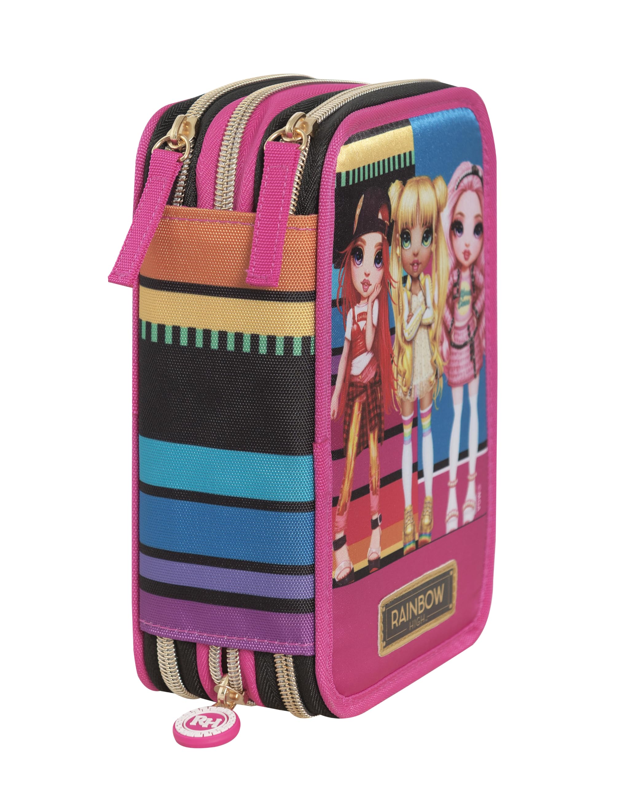 Franco Cosimo Panini Rainbow High - Estuche escolar oficial Rainbow High, estuche de 3 compartimentos para niña con juego de papelería, bolígrafo borrable azul Frixion y práctico cierre de cremallera,