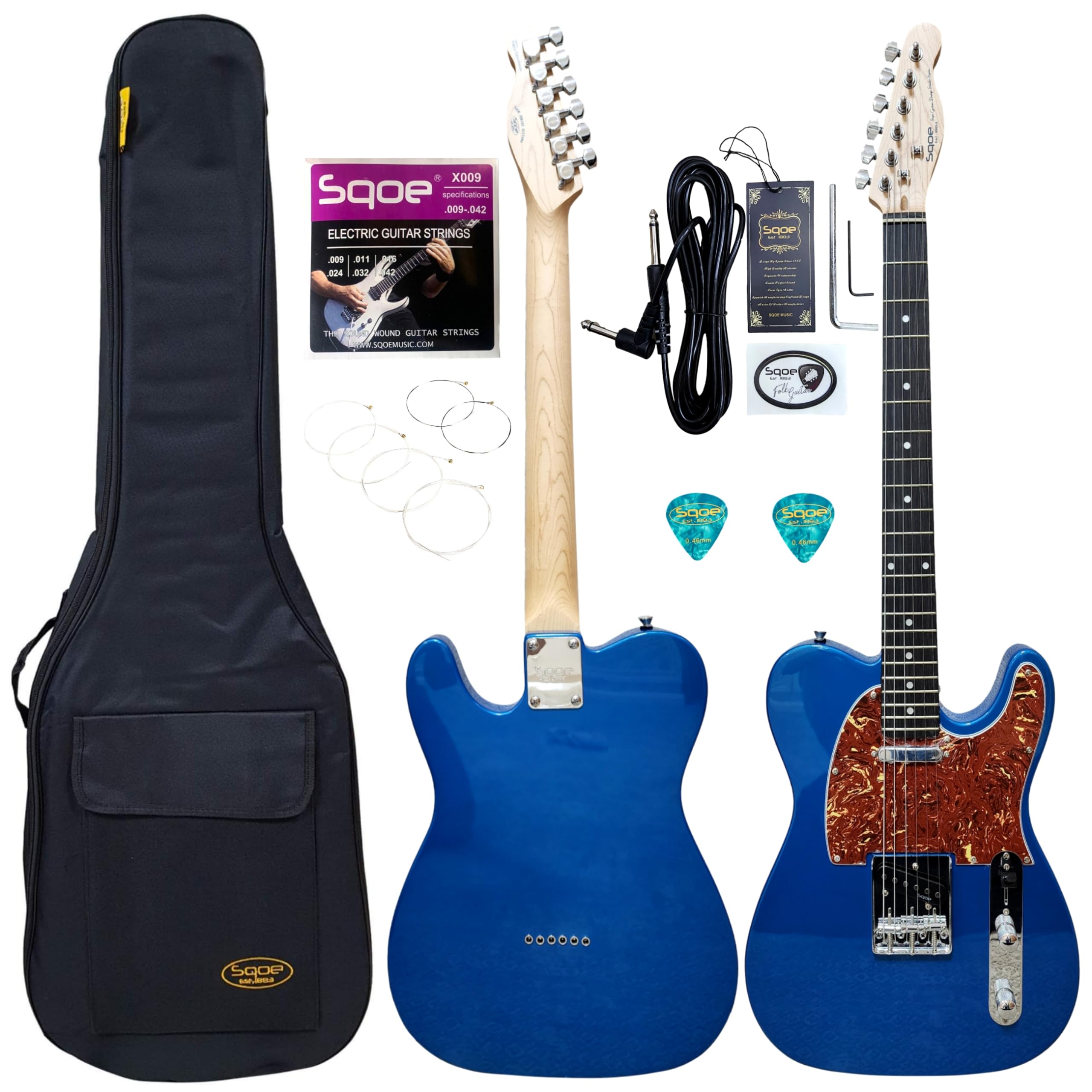 Sqoe Est.1883 Electric Guitar Telecaster TL300,Professional Solid Wood body Full size spain brand with Accessories (Glossy Blue)