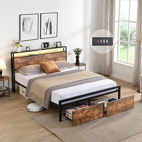 Base de cama matrimonial industrial moderna con cabecera de almacenamiento y 2 cajones, luces LED y 2 puertos USB, plataforma de metal sin ruido,