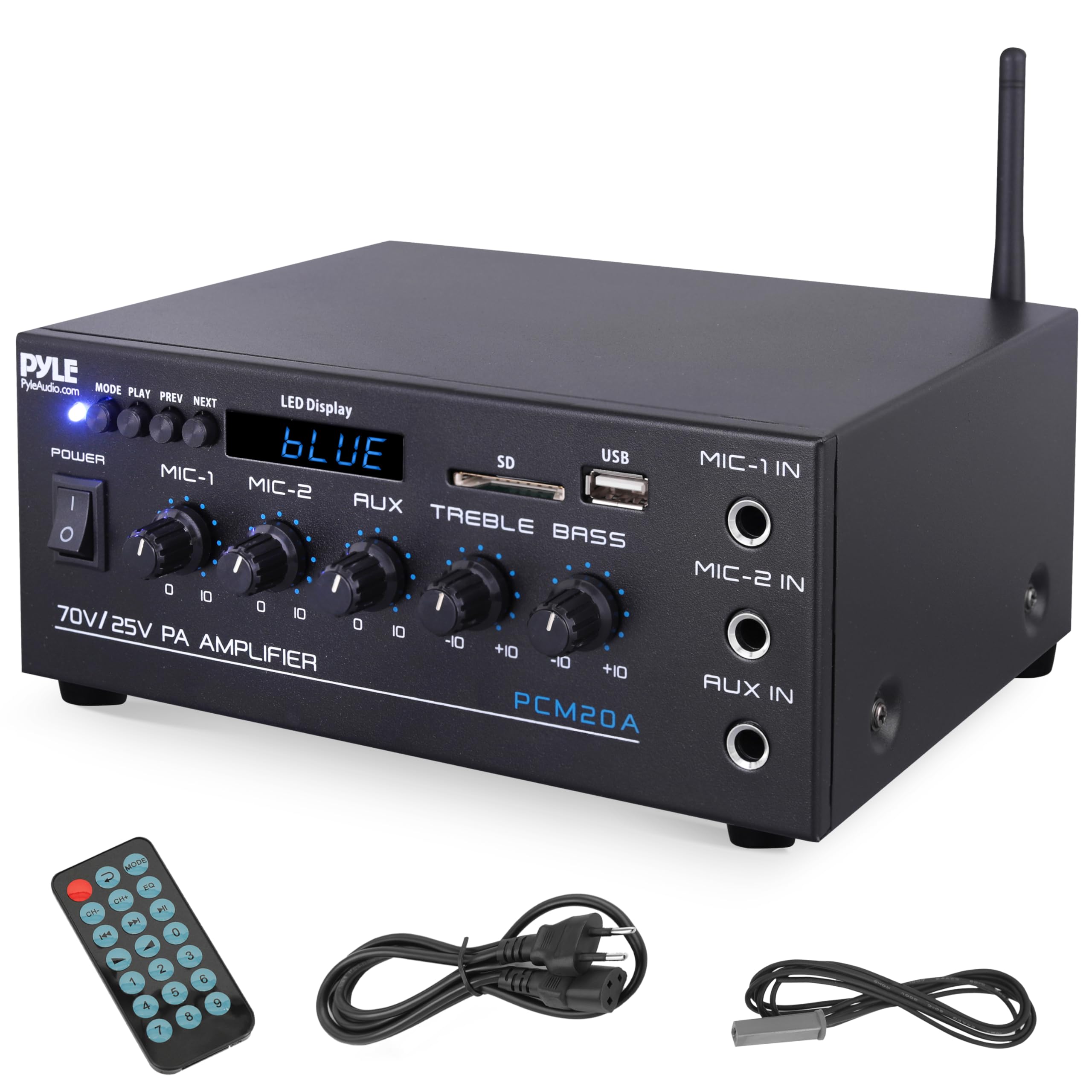 Pyle PA- Verstärker, Bluetooth Amplififer- 70 V/25 V mit 2 Mic- Eingängen, AUX, USB, SD, MP3, LED- Display & Bass/Treble Regelung, 40W, Kompakt für Beschallung & Musik
