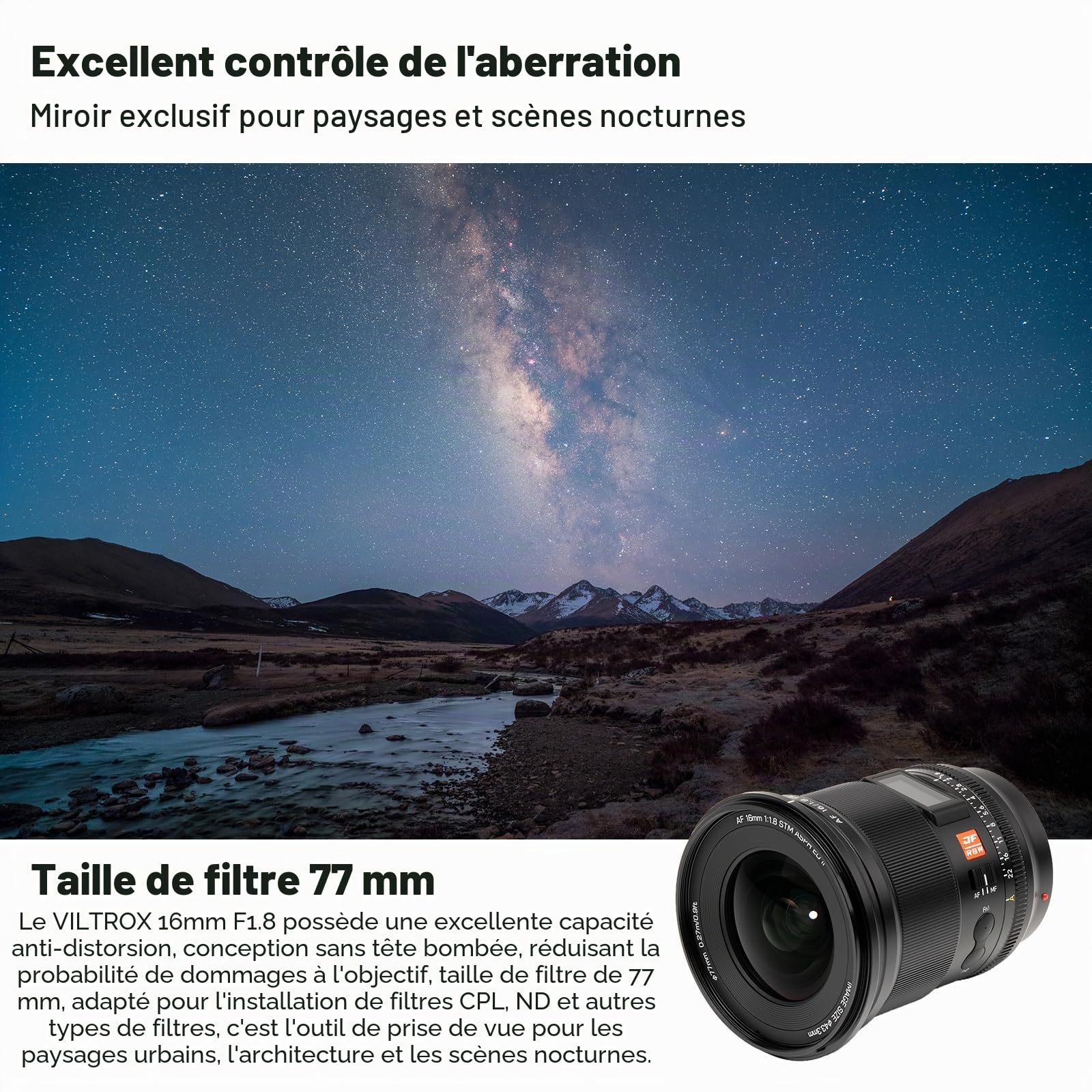 VILTROX 16mm F1.8 E Mount Objectif Autofocus Full Frame pour Sony E Mount Cameras Longueur Focale Fixe Auto Focus Grande Ouverture pour Sony a7 a7C a7III a7RIII a7RIV a7RV a9 a6100