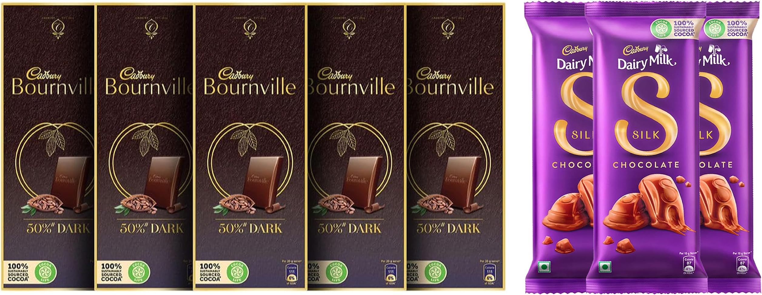 Cadbury Dairy Milk Silk Chocolate Bar, 150G (Pack Of 3) & Cadbury Bournville Rich Cocoa Dark Chocolate Bar, 80 Gm (Pack Of 5)