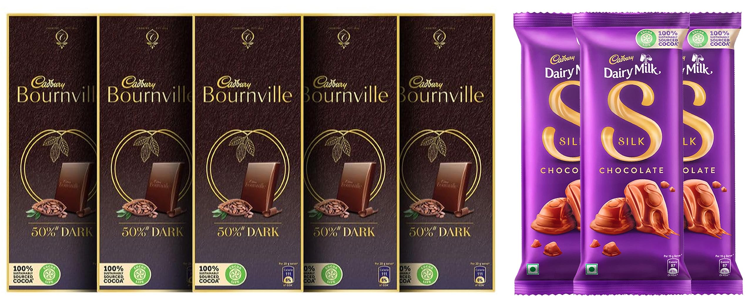 Cadbury Dairy Milk Silk Chocolate Bar, 150G (Pack Of 3) & Cadbury Bournville Rich Cocoa Dark Chocolate Bar, 80 Gm (Pack Of 5)