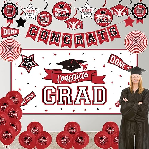 Decoraciones de graduación clase de 2023 rojo y negro pancartas de graduación, globos, remolinos colgantes y abanicos de papel cabina de fotos para