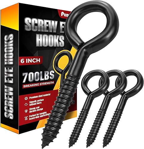 Gancho de ojos de tornillo negro resistente de 6 pulgadas, resistencia a la rotura de 700 libras, 4 tornillos de ojal autorroscantes, ganchos de ojo