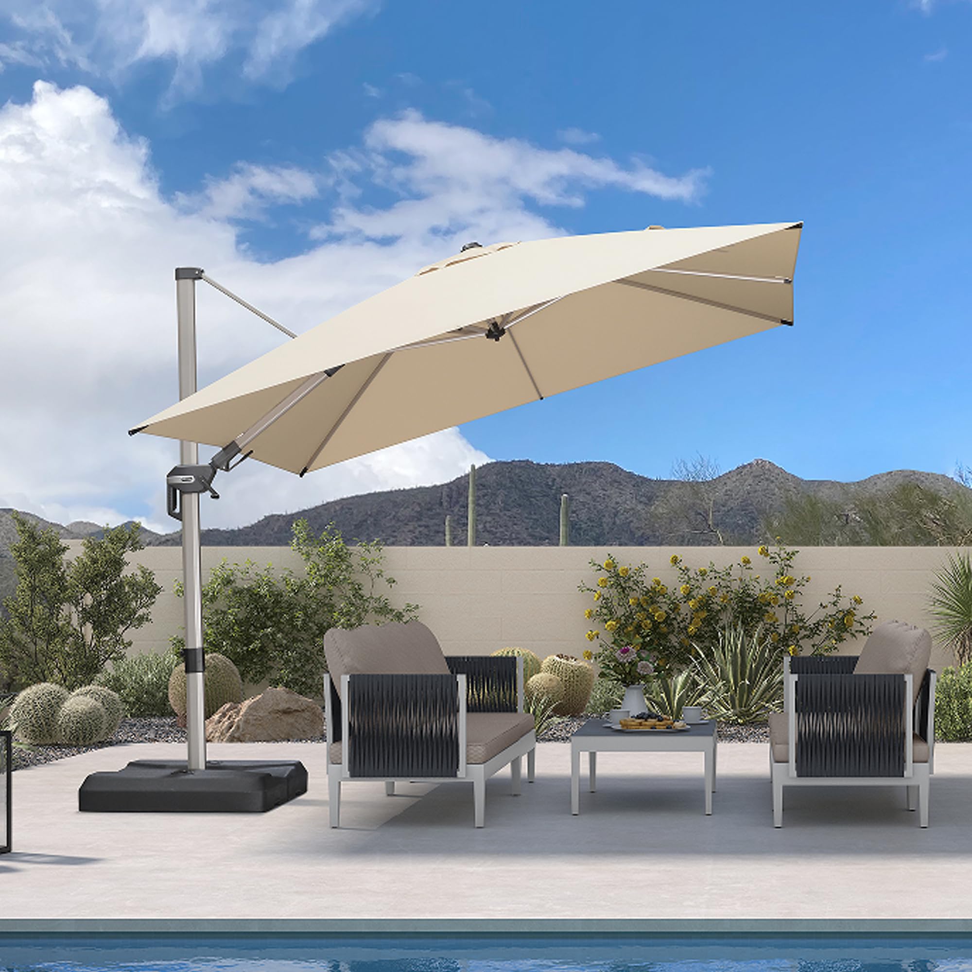 PURPLE LEAF Parasol Déporté 3 x 3 m Carré, Inclinaison Bilatérale et Rotation à 360°, Parasol Résistant au Vent, 8 Baleines en Aluminium Champagne, Toile anti-UV, Pour Patio, Terrasse, Piscine, Beige