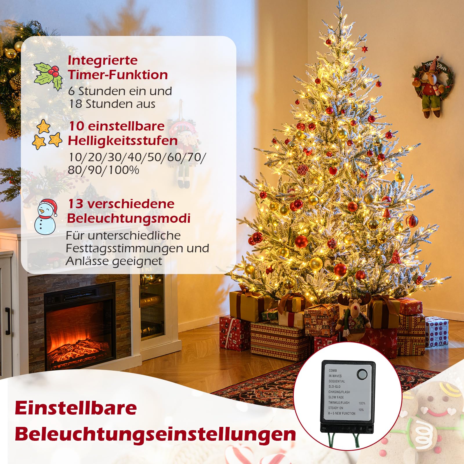 COSTWAY 210 cm Künstlicher Weihnachtsbaum mit Beleuchtung und Schnee, Tannenbaum mit warmweißen LED-Lichtern, 13 Modi, Timer, Einstellbarer Helligkeit, Christbaum, Kunstbaum Weihnachten für Zuhause