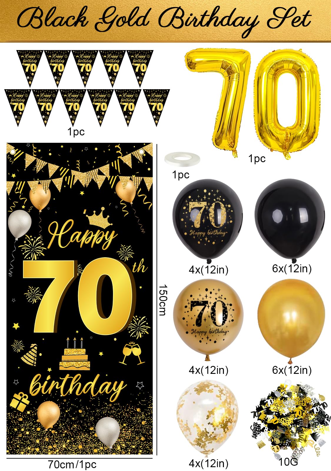 Palloncini 70 Anni Compleanno,Decorazioni 70 anni Compleanno Uomo,70 Anni Compleanno Coriandoli,70 Striscione di Compleanno Festa Decorazioni Oro Nero,Decorazioni 70 Compleanno Addobbi per Donna Uomo