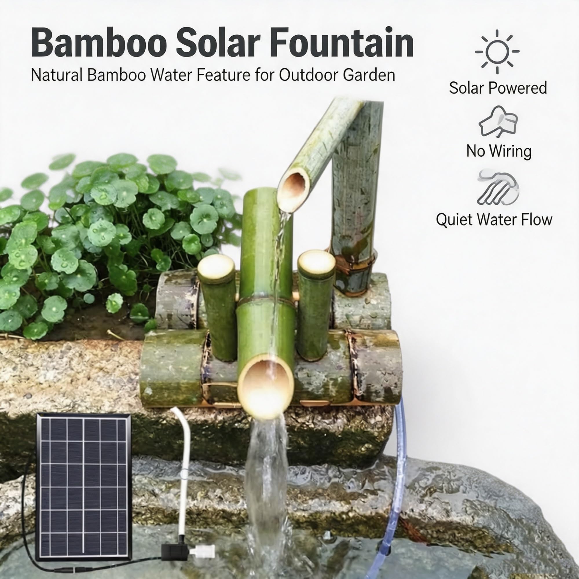 Fontana di bambù ad energia solare for la decorazione del giardino esterno | Fontana solare in bambù, decorazione del giardino Zen, 100% fatta a mano(50CM)