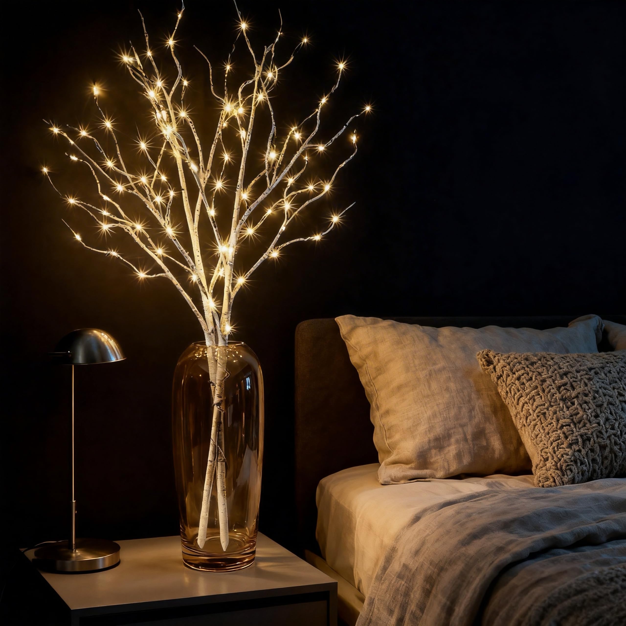 HipTree Beleuchtete Birkenzweige 81,3 cm, 100 LEDs, warmweiß, 2 Stück, batteriebetrieben mit 6-Stunden-Timer, IP44 wasserdicht, flexible KD-Zweiglichter für drinnen und draußen, Weihnachtsdekoration