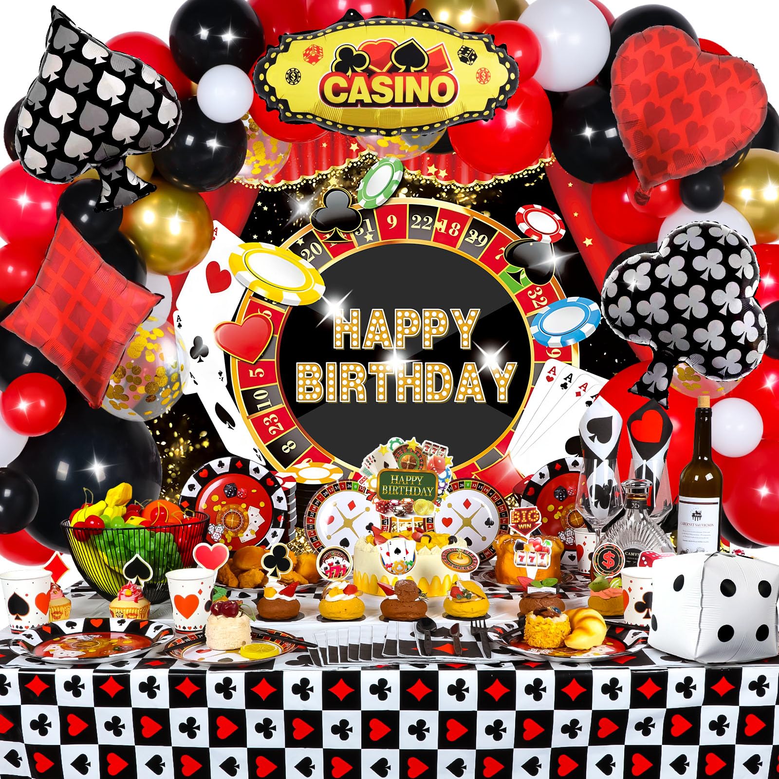 HJINGY 198 PCS Casino Theme Party Decorations, Casino Birthday Decorations, Las Vegas Party Decorations Includes Casino Balloons, Poker Backdrop,