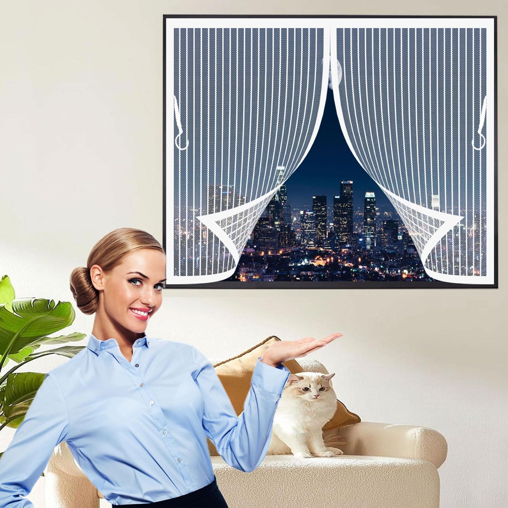 Mosquito Net for Windows 102 x 52 cm (Customizable) Closed by Magnets, Silent, Pet-Friendly, Cat Screen Door, Easy Install Without Drilling for Door Window, Patio, White