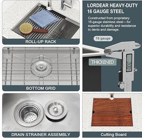 Miniatura 9 de Lordear - Fregadero de acero inoxidable con 21 pulgadas x 19 x 13 pulgadas de profundidad para fregadero empotrado, estación de trabajo de acero