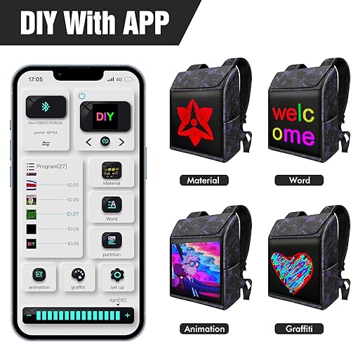 Miniatura 8 de Mochila LED, mochila impermeable para motocicleta, pantalla diseñable, regalo de cumpleaños para hombres, mochila para laptop de 15.6 pulgadas,