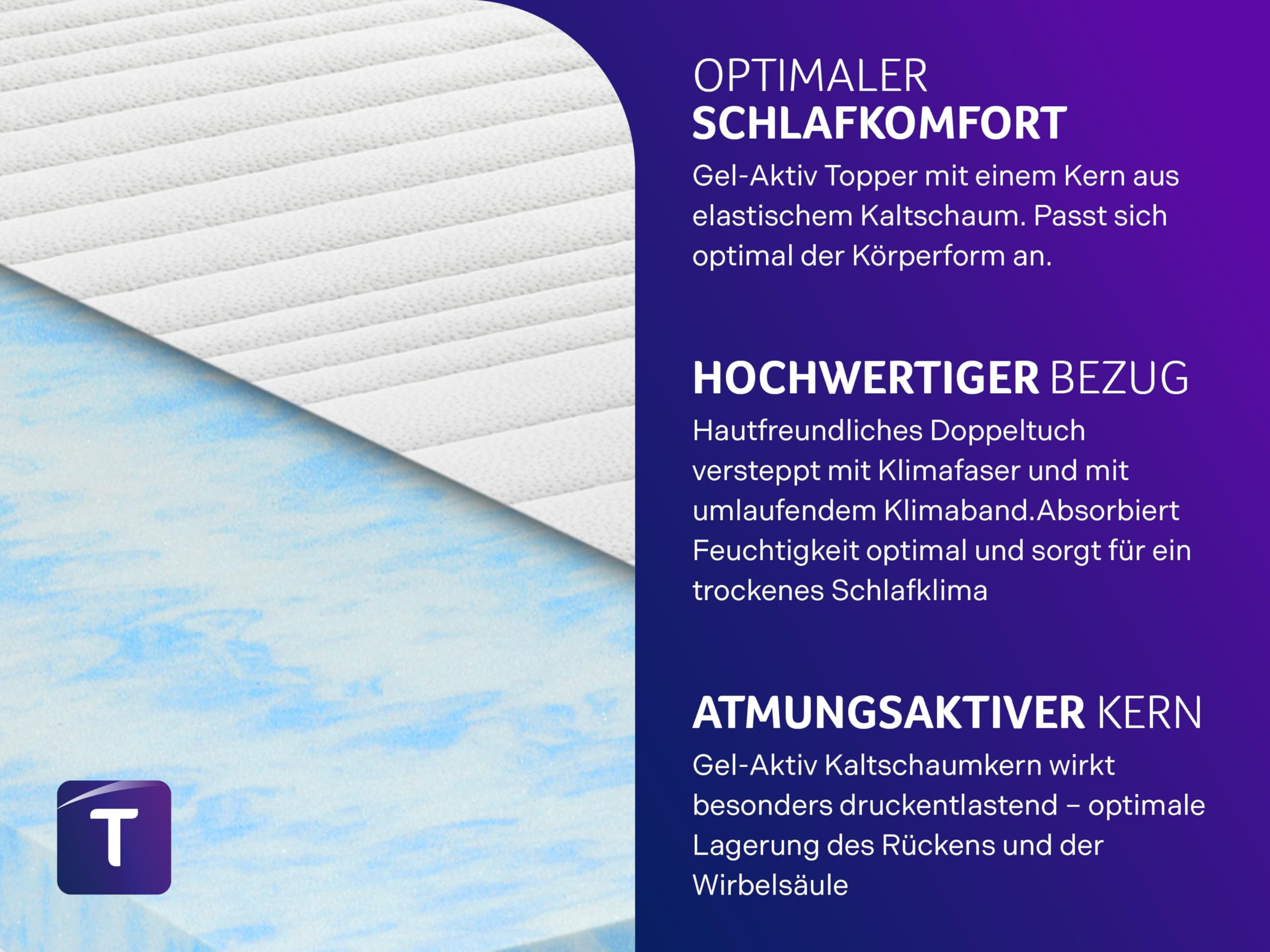 Traumnacht Gelschaum-Topper mit Klimaband und Gel-Aktiv-Kaltschaum, 100 x 200 cm, weiß, Öko-Tex zertifiziert, produziert nach deutschem Qualitätsstandard
