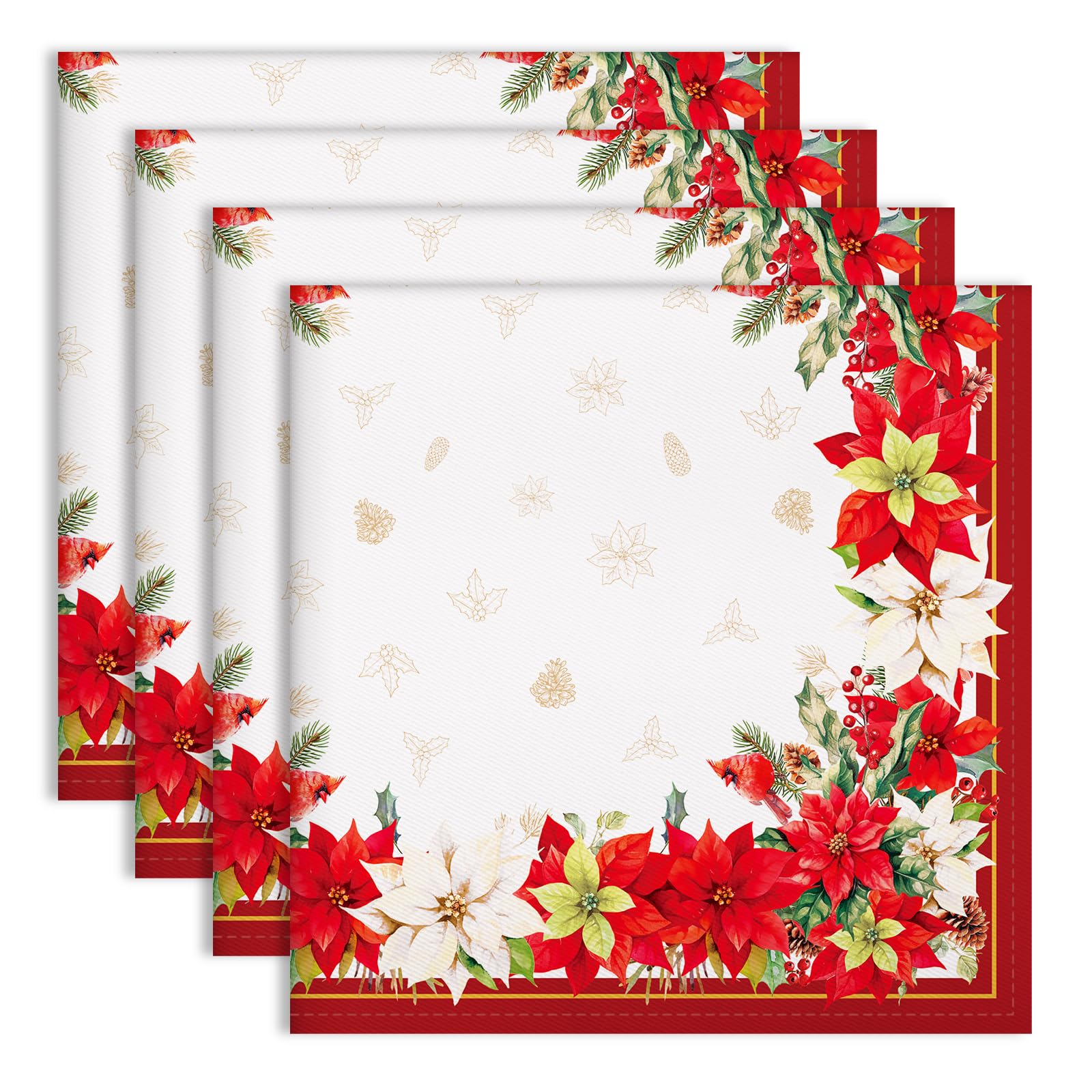 Arquiel Christmas Red Flower Napkins, 18×18 inch Dinner Cloth Napkins Set of 4, Washable Cotton Soft Absorbent Square Napkins for Dining Kitchen Party