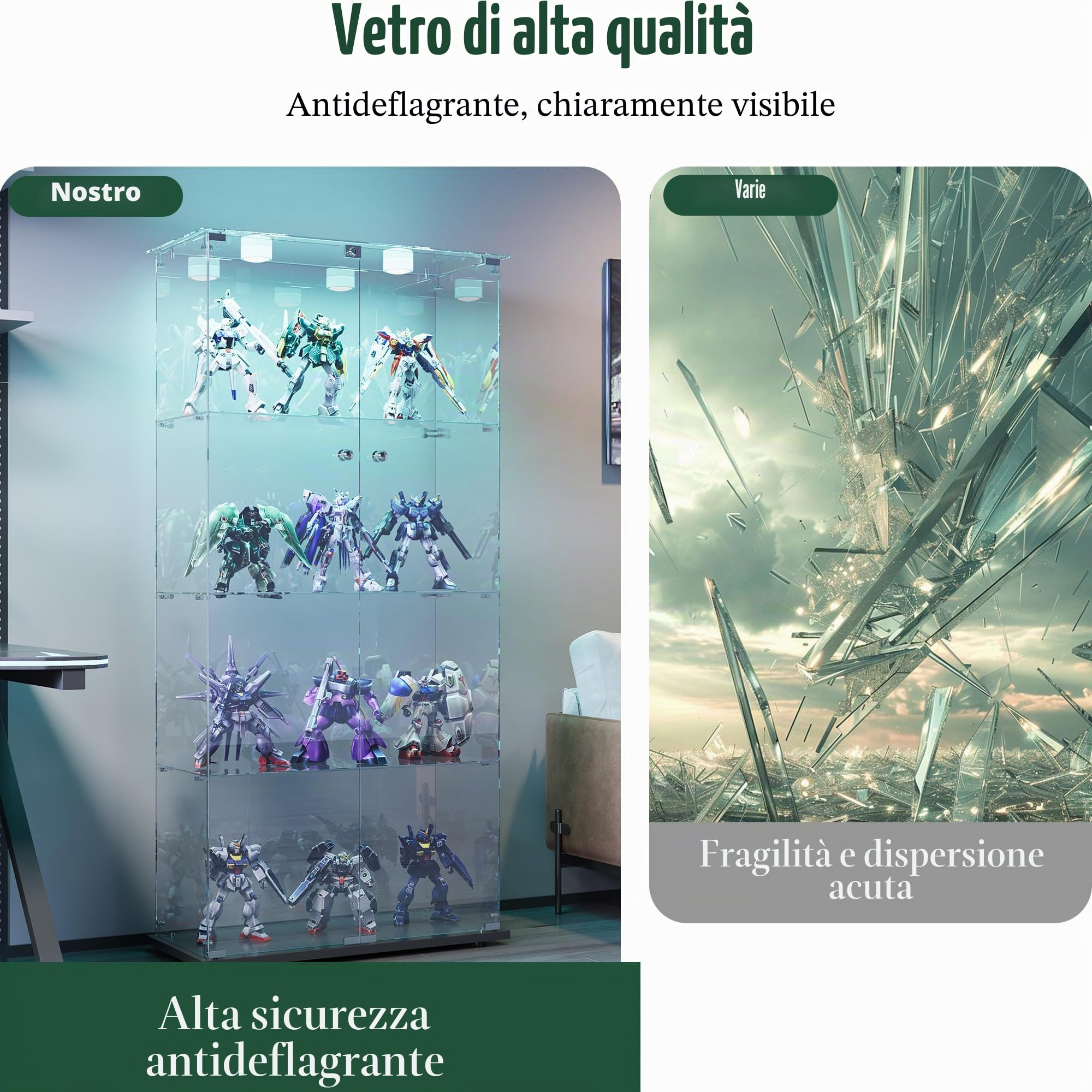 Vetrina in vetro con illuminazione a LED, 4 ripiani e 2 ante in vetro con serratura, armadietto per soggiorno, ufficio, oggetti da collezione, libri, vino, nero