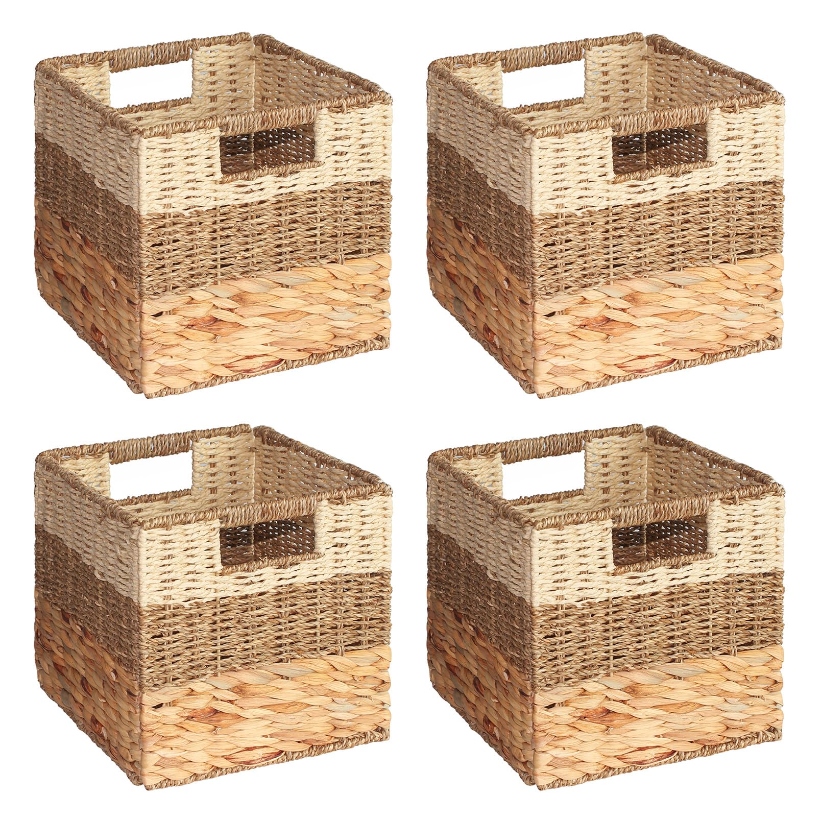 SpaceAid 4 Pack 3 Pattern Design Wicker Basket, Baskets for Organizing, Storage Rattan Basket with Handles for Shelves, Woven Cube Storage Bin Organizer, 10.5x10.5x10.5 inch, Natural