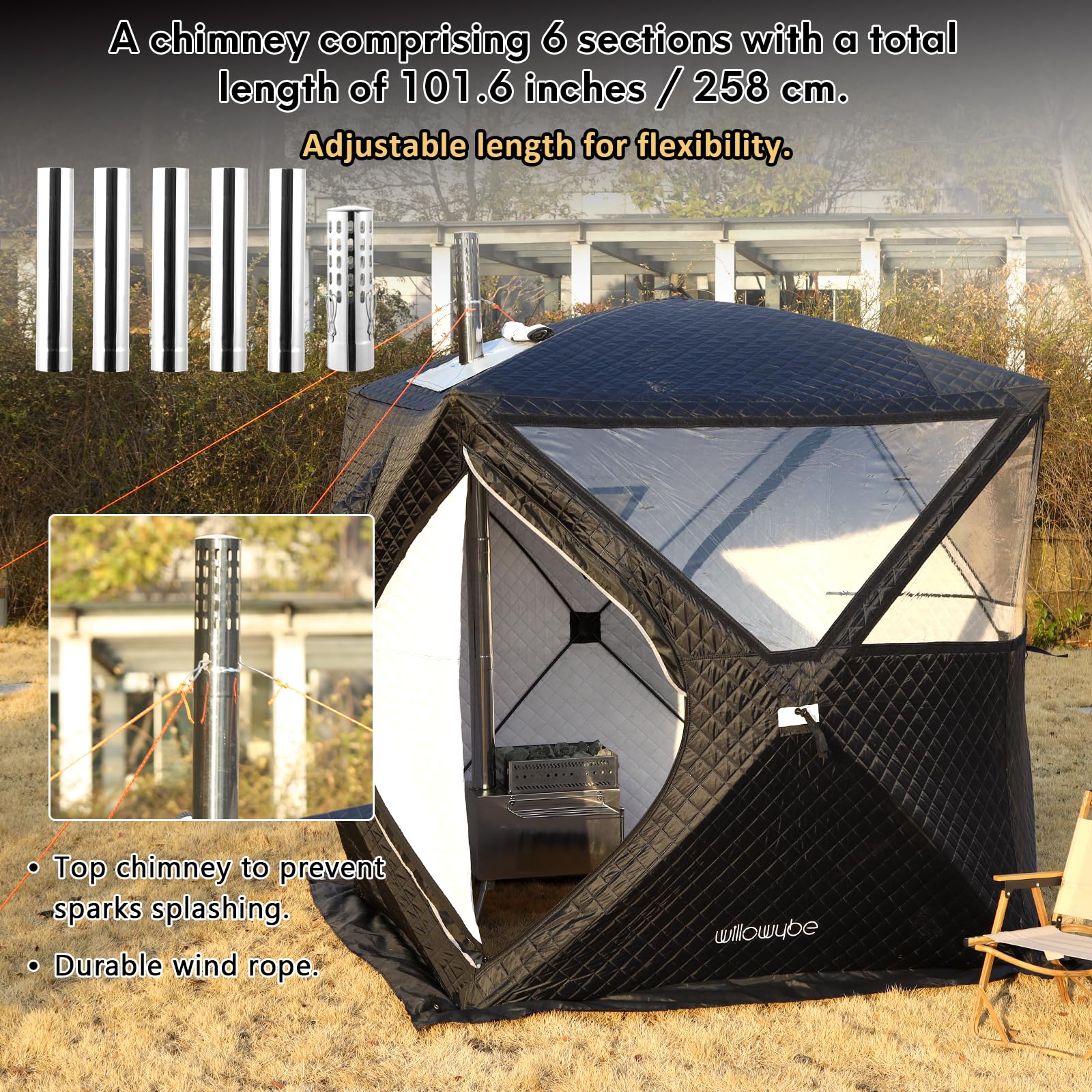 WILLOWYBE Tragbares Outdoor-Sauna-Set mit Saunazelt, Holzofen und Schutzabdeckung