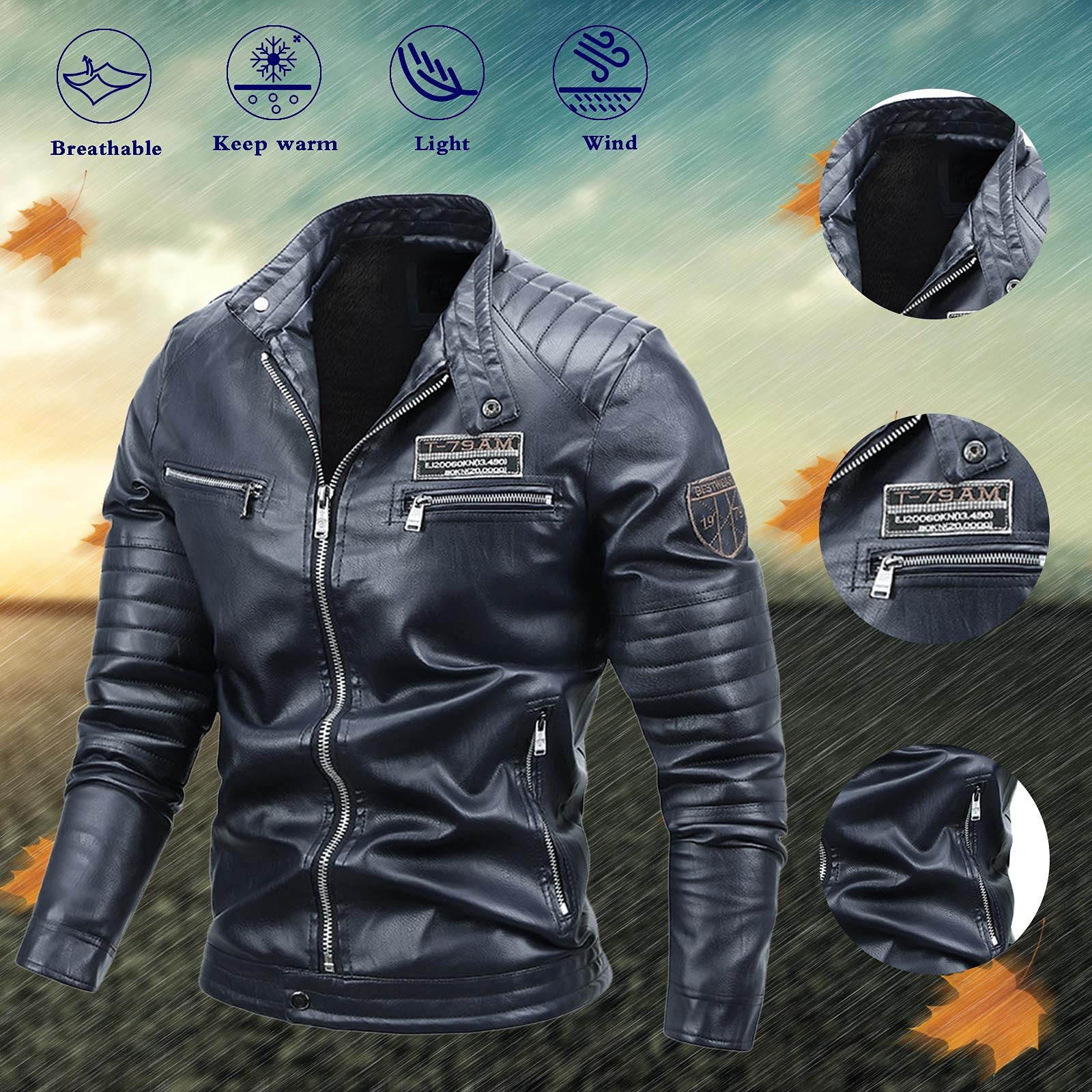 Hombres Invierno Plus Terciopelo cálido ropa exterior de Cuero elegante Gran Tamaño -Cremallera Cuello Alto Abrigo Sólido Chaqueta exterior