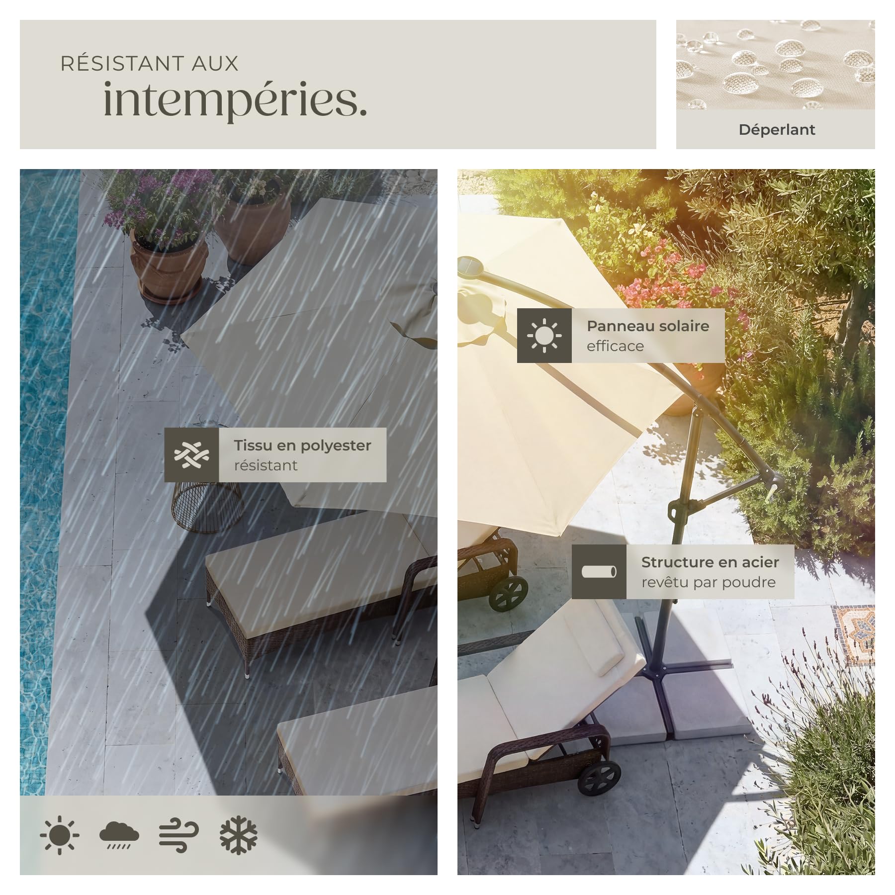 tectake® Parasol déporté, 3 x 3 m avec Eclairage LED, Pivotant à 360°, Inclinable de 90° à 135°, UV 50+, Panneau solaire, Parasol de jardin exterieur, Terrasse, Balcon, Divers Coloris