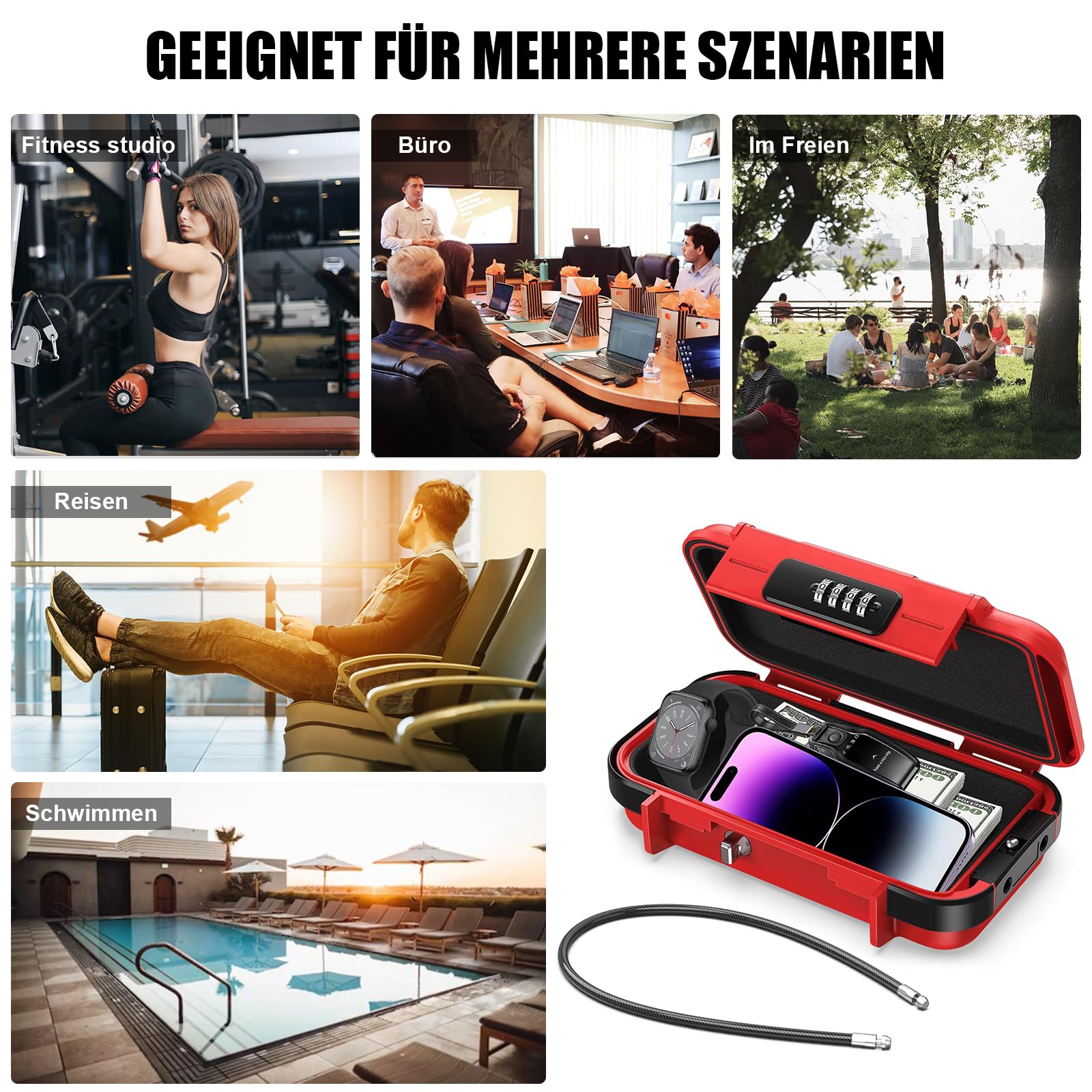 Coffre-fort portable, étanche, avec serrure à combinaison, avec câble métallique amovible de 6 mm d'épaisseur, sécurise les objets de valeur en voyage, à la plage, au camping, au bureau, en voiture -