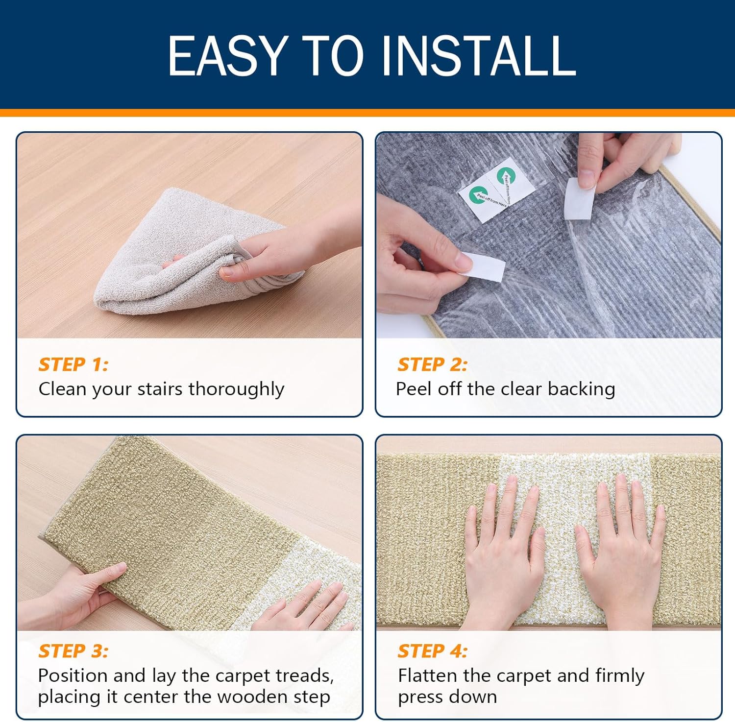 OLANLY Stair Treads for Wooden Steps and Microfiber Bathroom Toilet Lid Cover in Beige, 2 Item Bundle