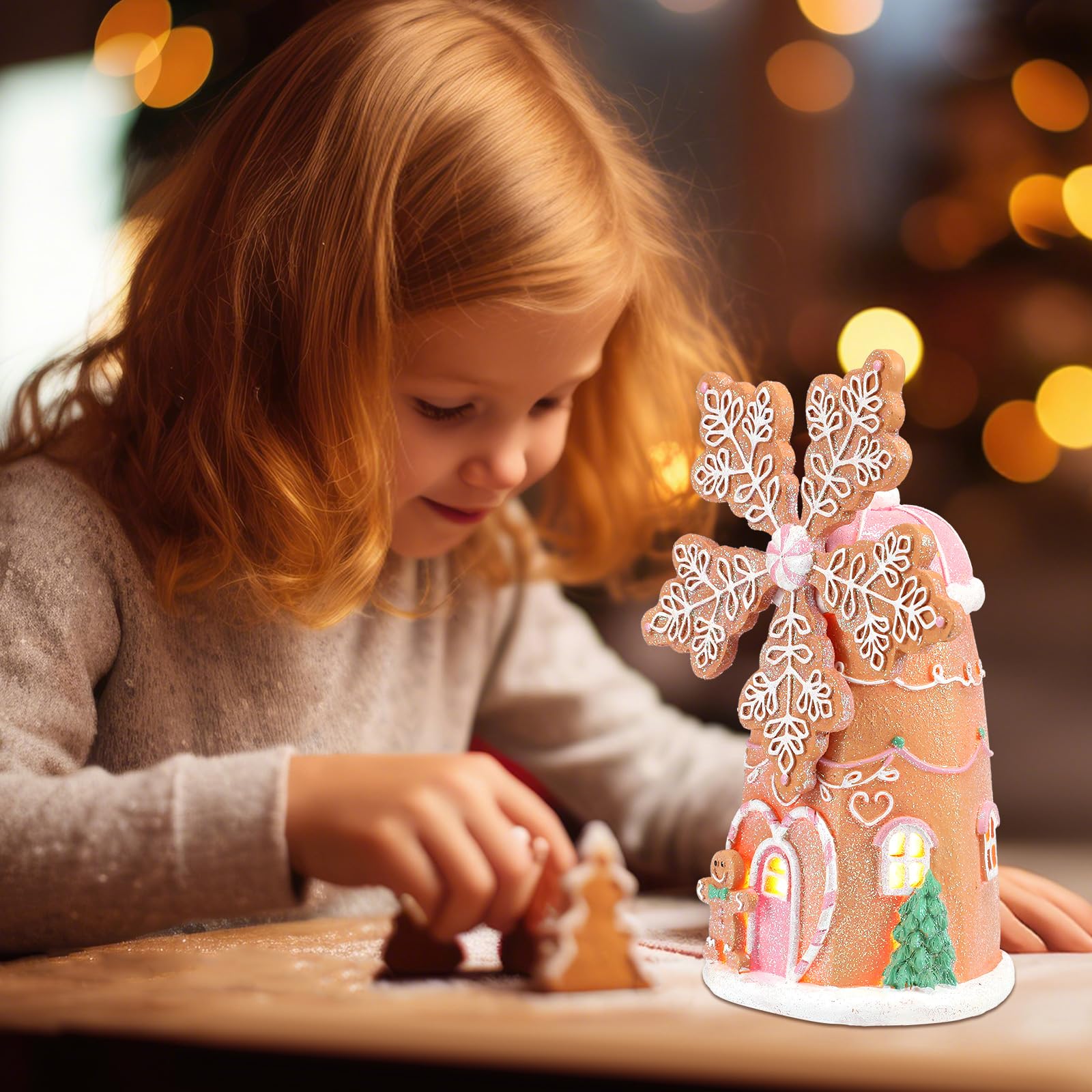 Wesiti Decoración de casa de pan de jengibre iluminada de Navidad de 9.5 pulgadas, figuras de molino de viento de Navidad hechas a mano, decoración navideña para fiesta, centro de mesa, mantel, mesa