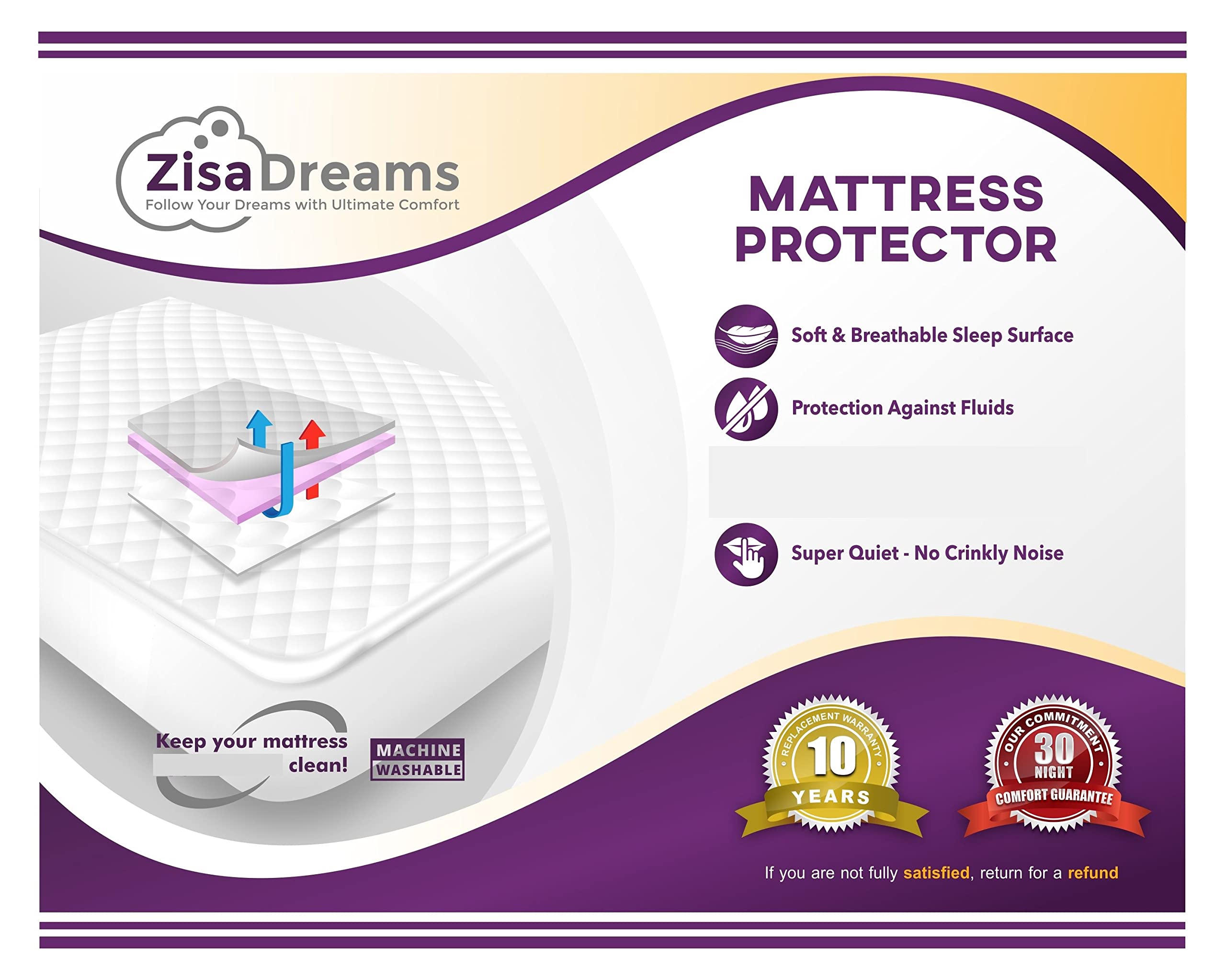 Zisa Dreams Comfort Collection Mattress Protector | Hypoallergenic, Waterproof, 100% Jersey Cotton Top - Up to 18” Depth, White (Split King)