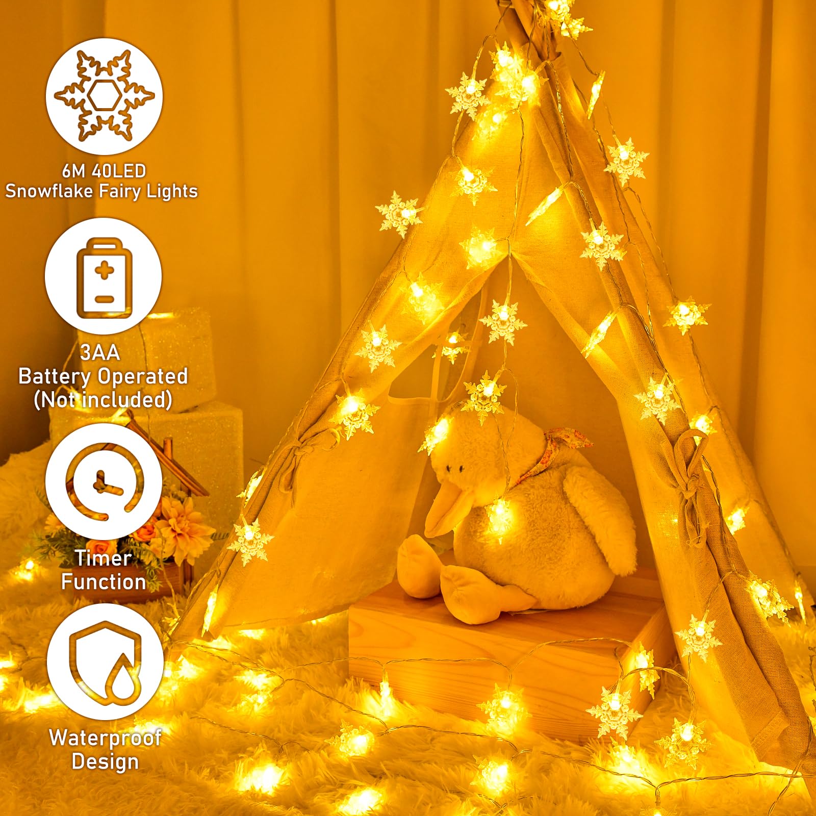 Lightsgo® Batteriebetriebene LED-Lichterkette Mit Schneeflocken – 4 M, 40 LEDs, Warmweiß