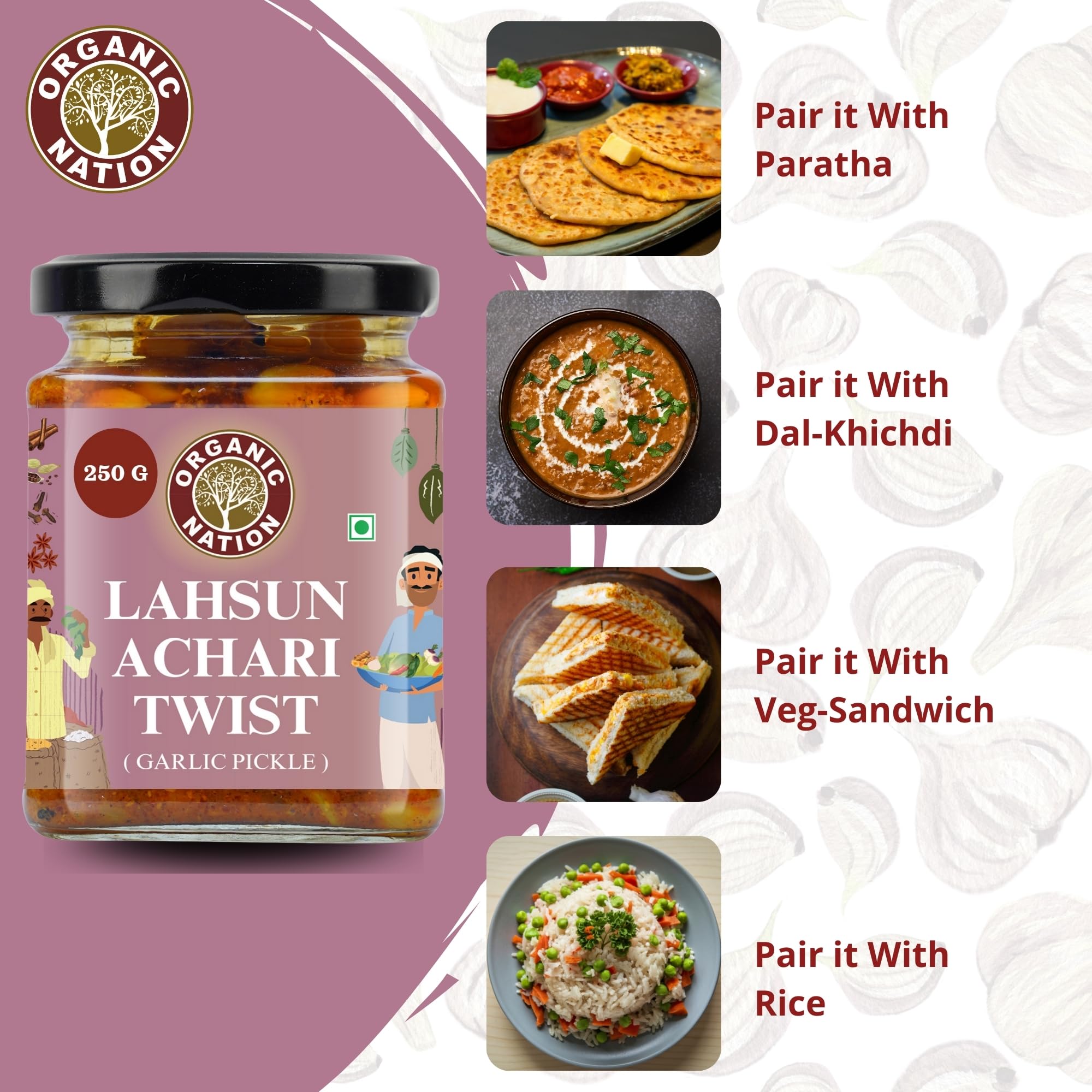 ORGANIC NATION Lahsun Achari Twist Garlic Pickle - Authentic Lahsun Ka Achar with Rich Flavor Premium Garlic Achar for Traditional Taste 250g Jar, Natural Ingredients, No Preservatives Vibrant Color 1