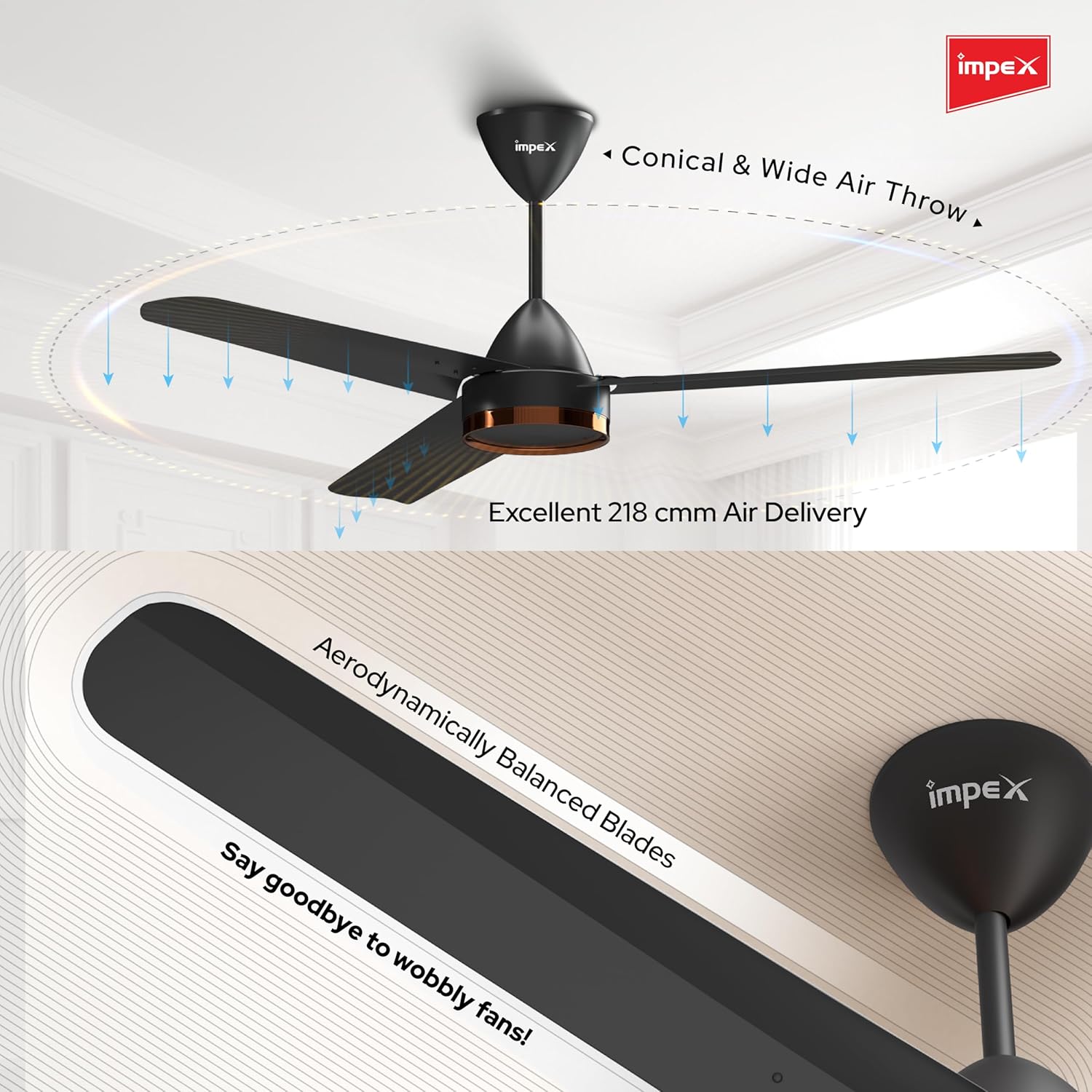 Diagram illustrating the conical and wide air throw pattern and 218 CMM air delivery of the Impex ATOM 28 DXR ceiling fan with aerodynamically balanced blades.
