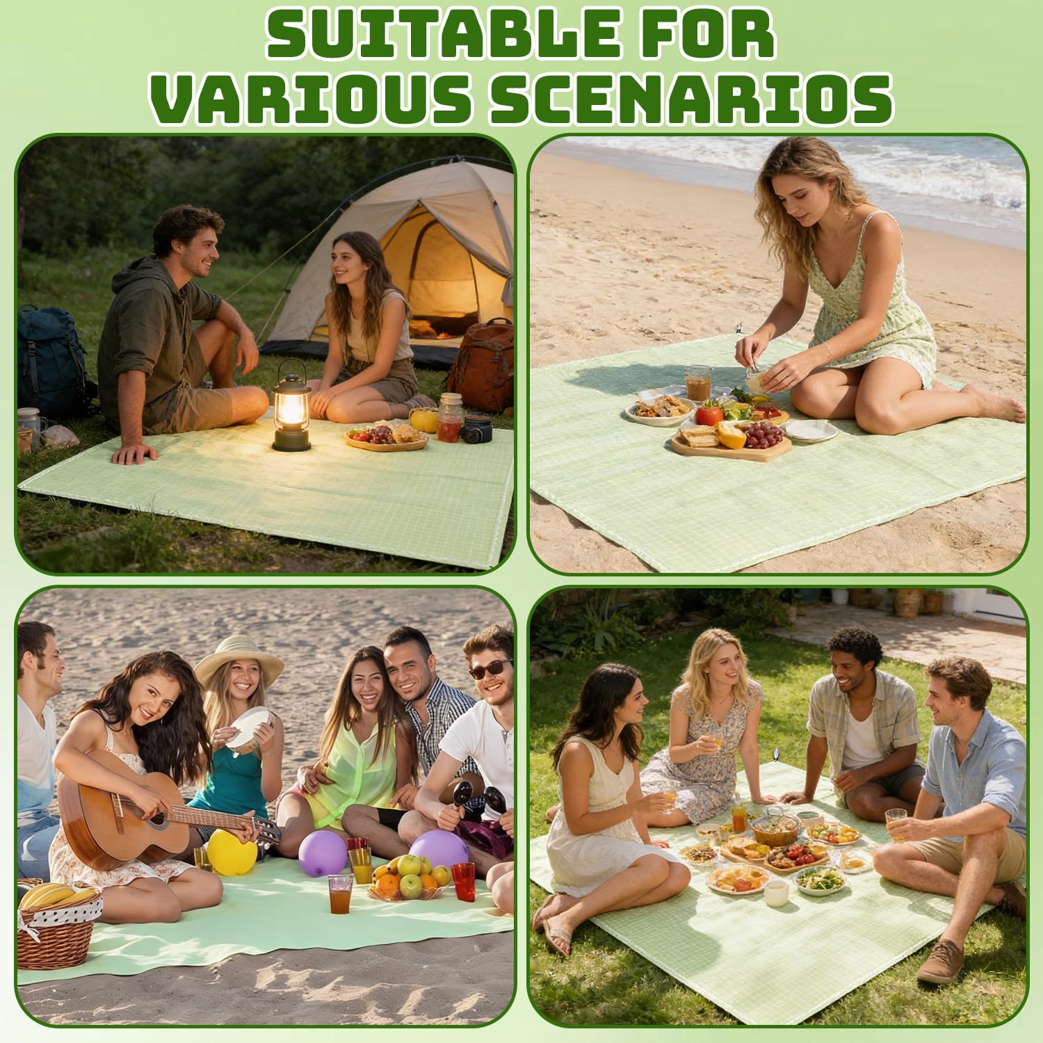 Manta Picnic Impermeable Verde 150 x 210 cm, Tapete de Picnic con Asa, Compacta Manta de Playa, Manta Picnic Portátil, Tapete de Picnic Plegable para Interiores, Playa, Camping, Viajes, Césped, Parque — view 7