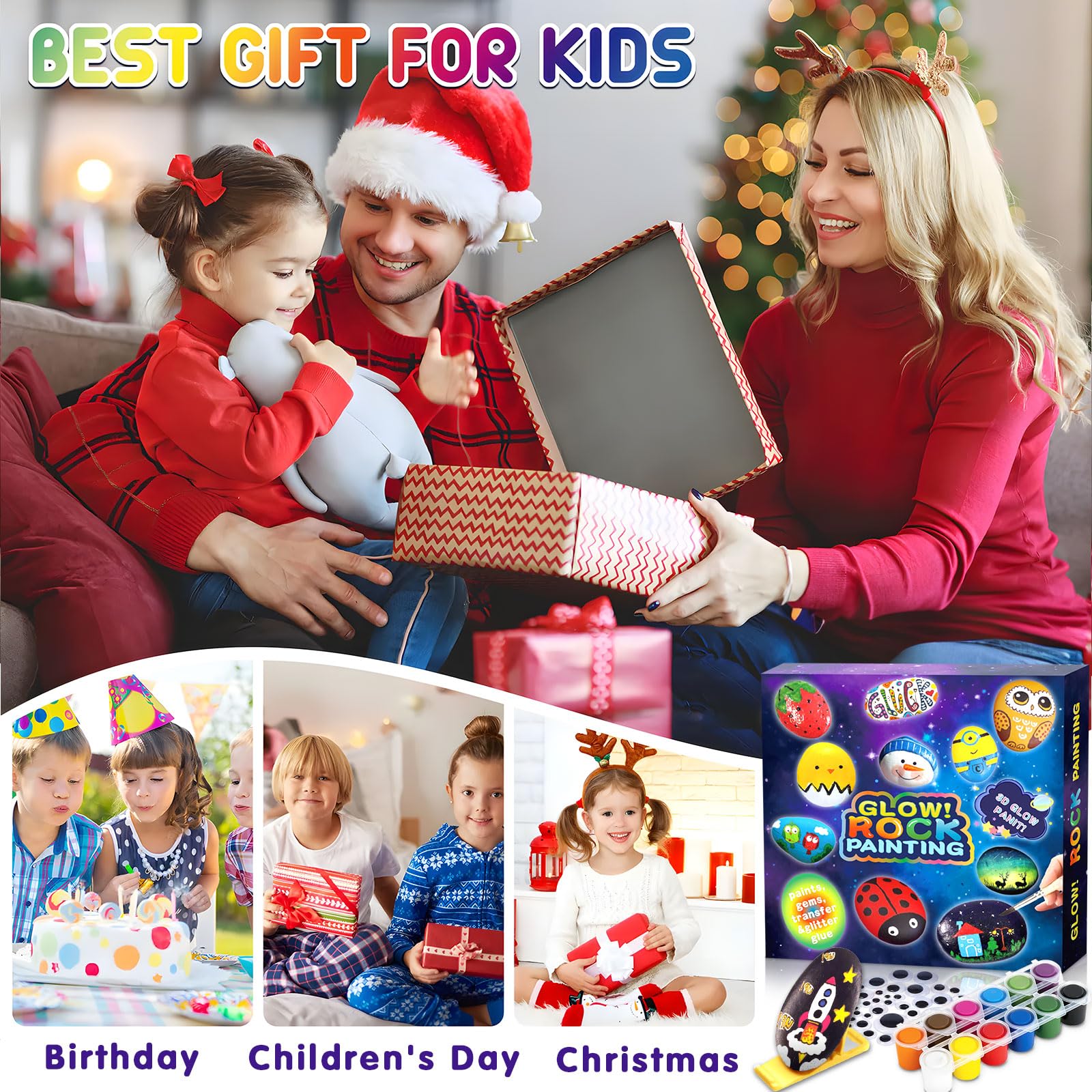 Set di 12 pietre per pittura per bambini, con pietre luminose notturne, set fai da te per bambini con 12 colori, adesivi e colla glitterata