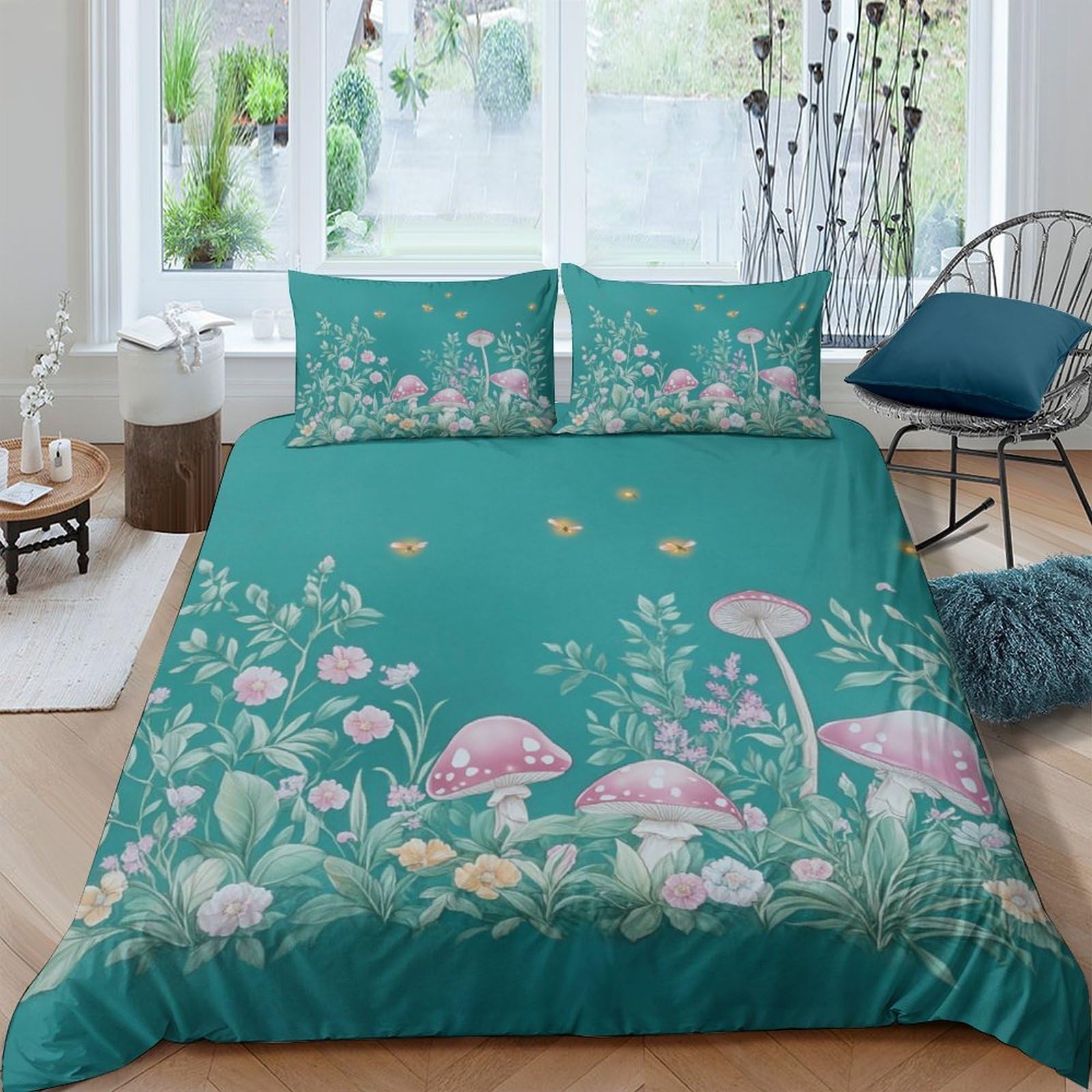 GPLZQXKJNH 3D Printed Forest Mushroom Duvet Cover Microfiber Soft Green Botanical Bedding Set with 2 Pillowcases for Bedroom Decor Single（135x200cm）