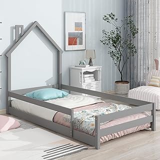 Lakifun Floor House Bed for Kids,Twin Size Wood Bed Frame with House-Shaped Headboard and Fences,Montessori Platform Bed House Bed Twin Frame for Boys Girls(Grey)