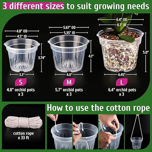 Miniatura 6 de REMIAWY Maceta de orquídeas, paquete de 9 macetas de orquídeas con agujeros, 3 de cada una de 4.8, 5.7 y 6.4 pulgadas para trasplantar, maceta de