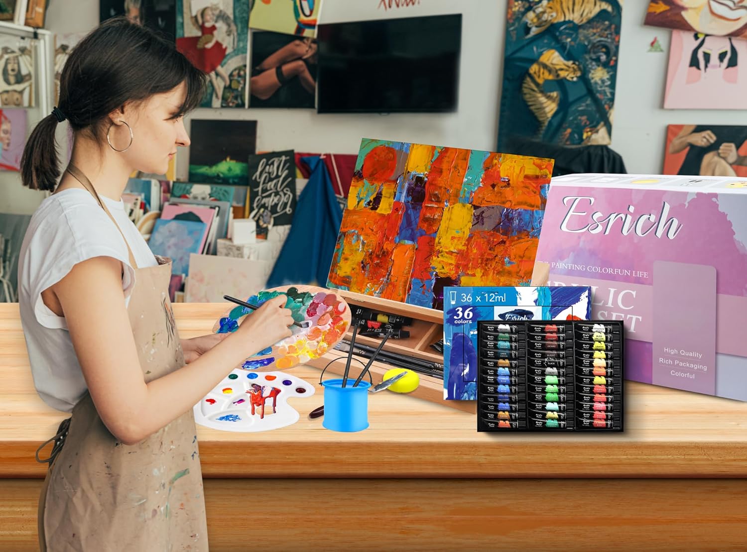ESRICH Acrylic Paint Set, 74 PCS Professional Paint Supplies with Paint Brushes, Wooden Tabletop Easel, Canvases, Painting Pads, Palette, Paint Knives, Brush Cup and Art Sponge for Hobbyists Beginners - Image 6